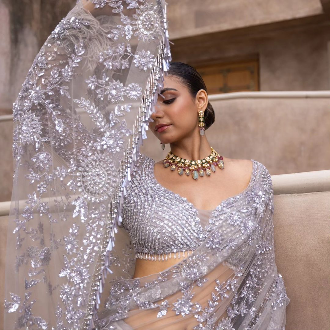 Heavy Mono Net Sequins Embroidered Saree Front View