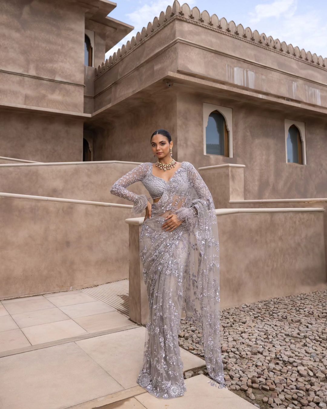 Heavy Mono Net Sequins Embroidered Saree Front View