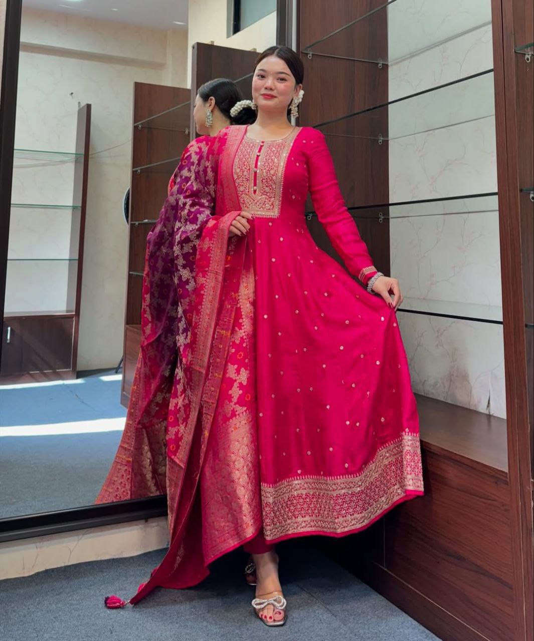 Full Front View of Anarkali Silk Kurti and Dupatta
