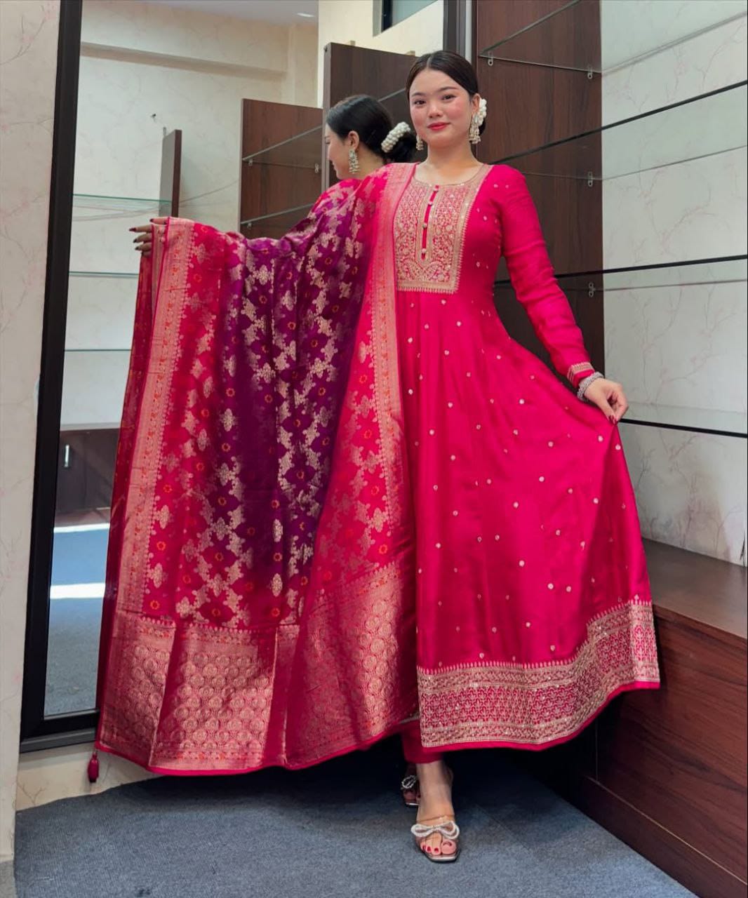 Golden Zari Work on Banana Silk Anarkali Kurti