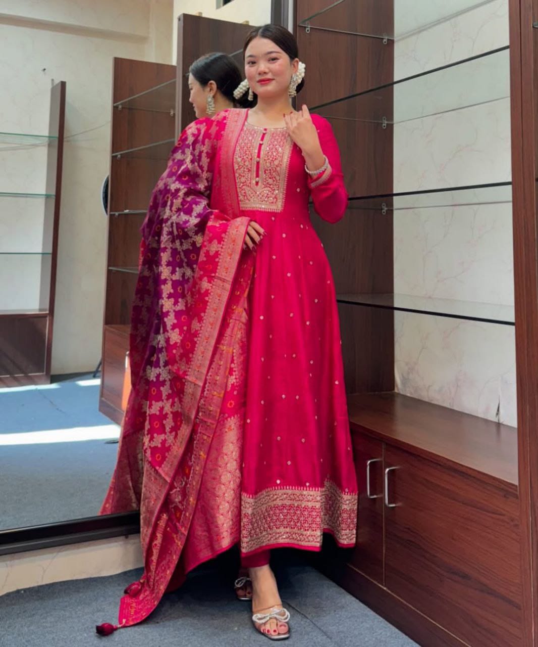 Elegant Banana Silk Anarkali Kurti Set with Banarasi Dupatta