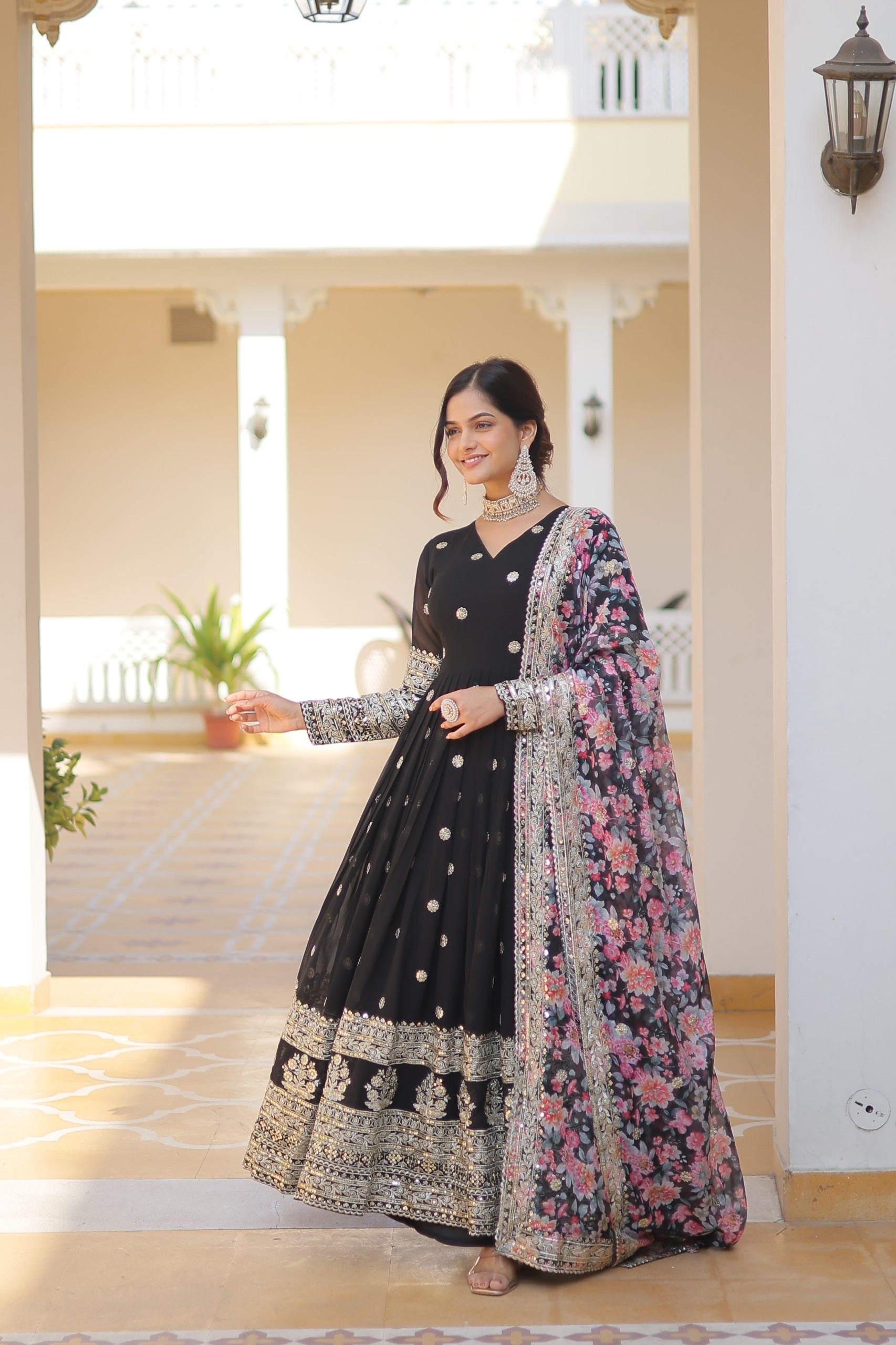  Faux Georgette embroidered gown with dupatta
