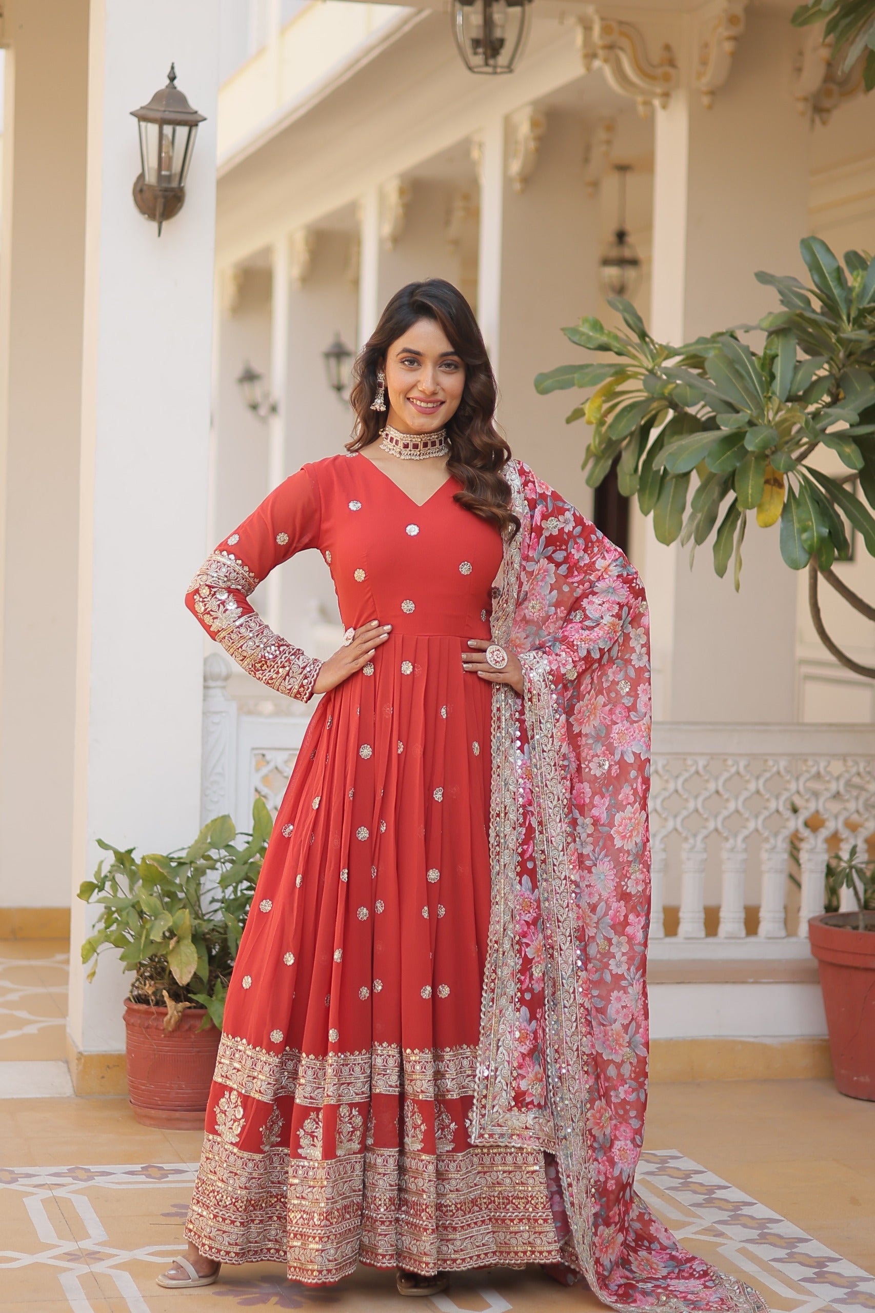 Back view of embroidered gown with dupatta
