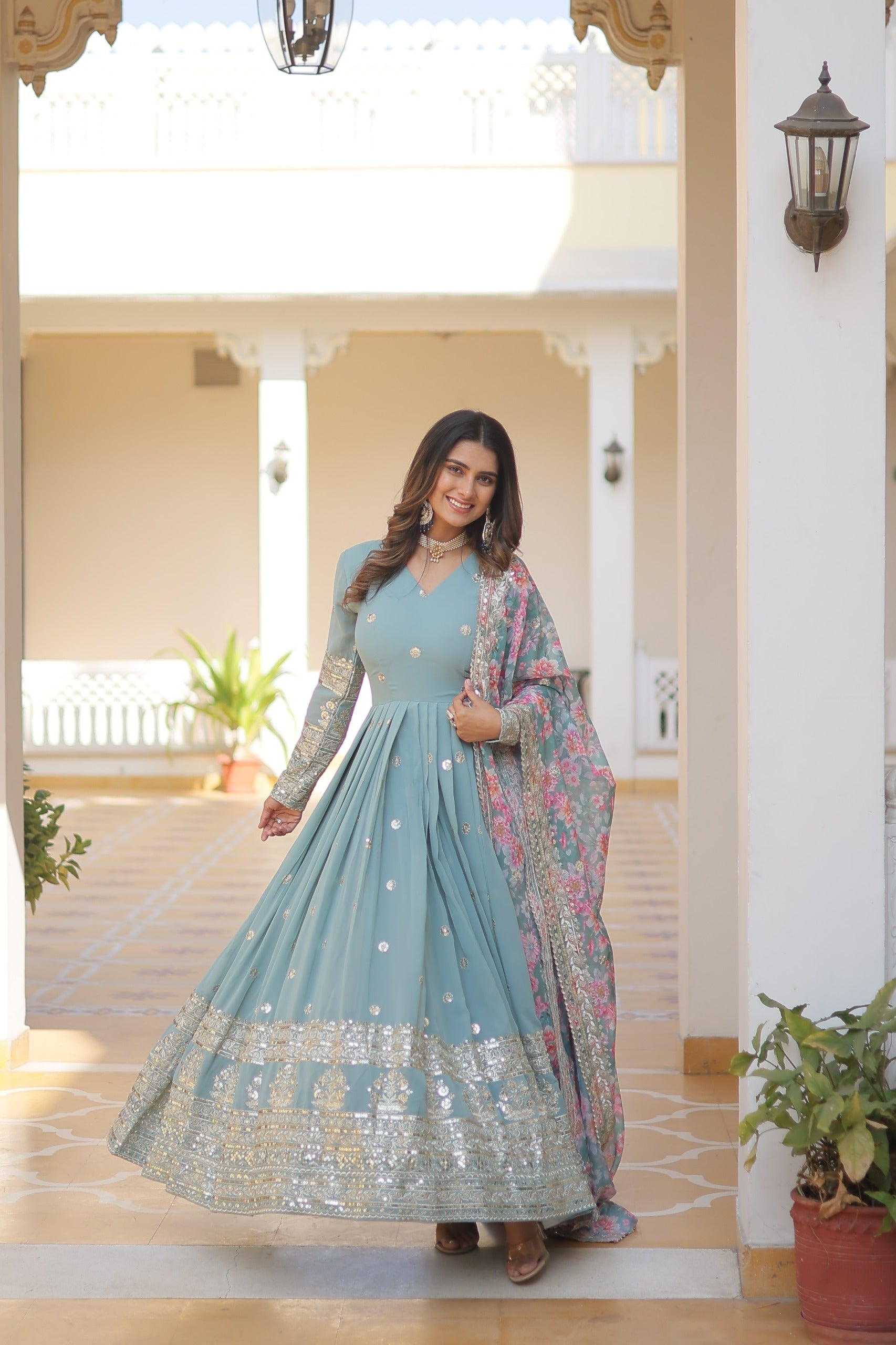  Faux Georgette embroidered gown set
