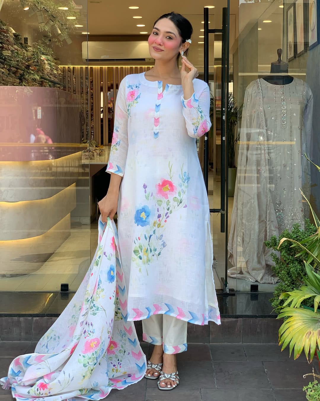 Pure Linen Multicolor Suit Set with Dupatta – Front View