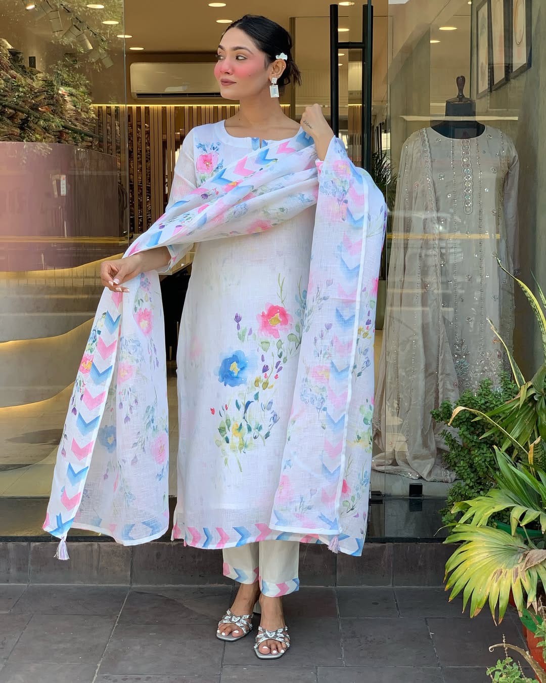 Pure Linen Multicolor Suit Set with Dupatta – Front View