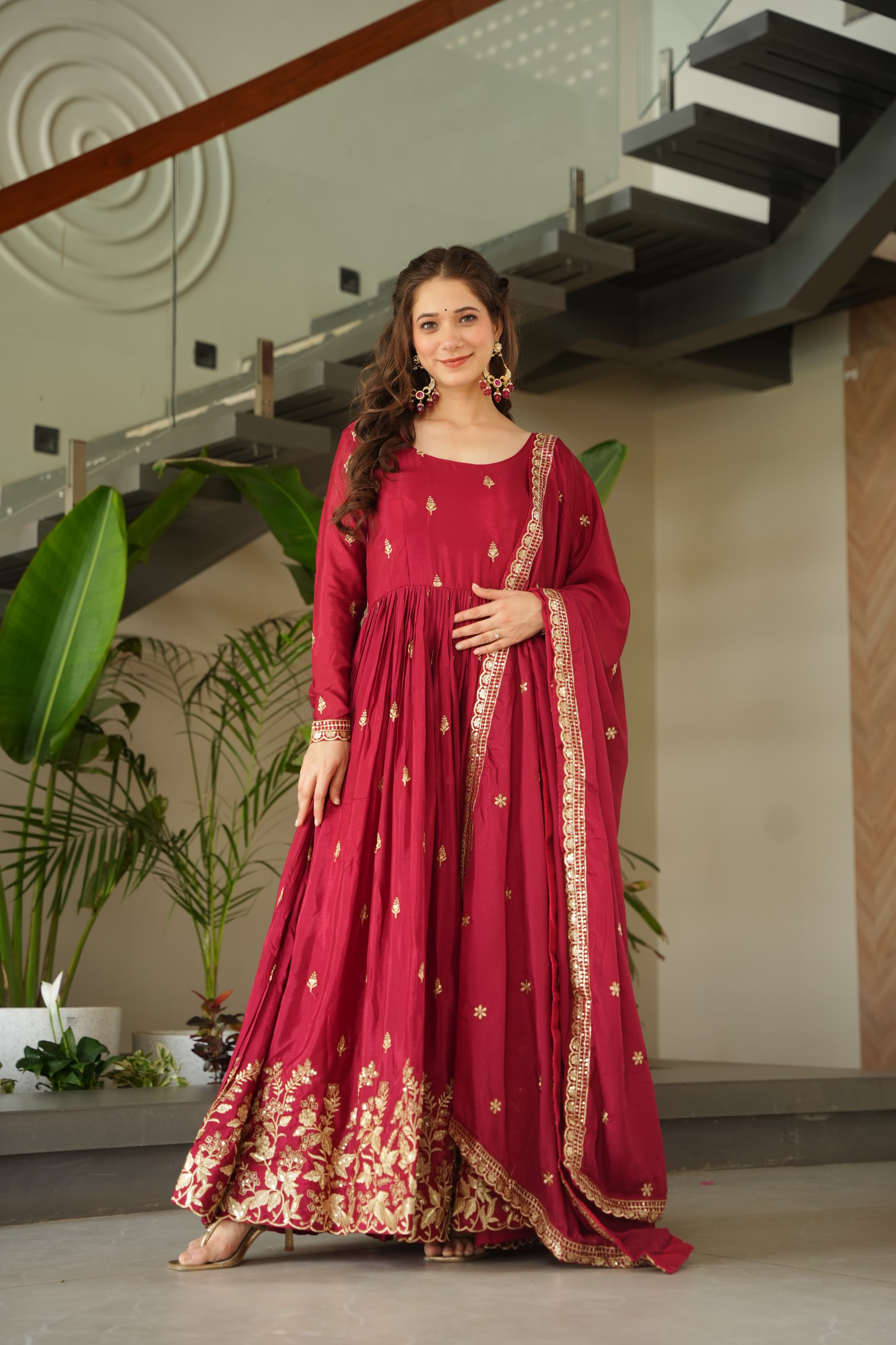 Chinnon embroidered gown with dupatta