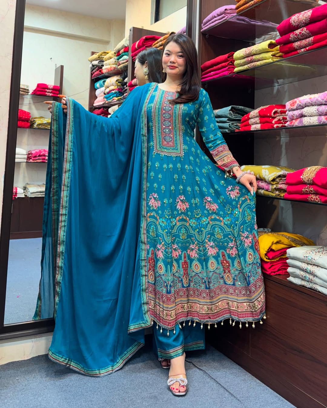 Rajasthani Pure Chinon Anarkali Set with Mirror Work – Front View