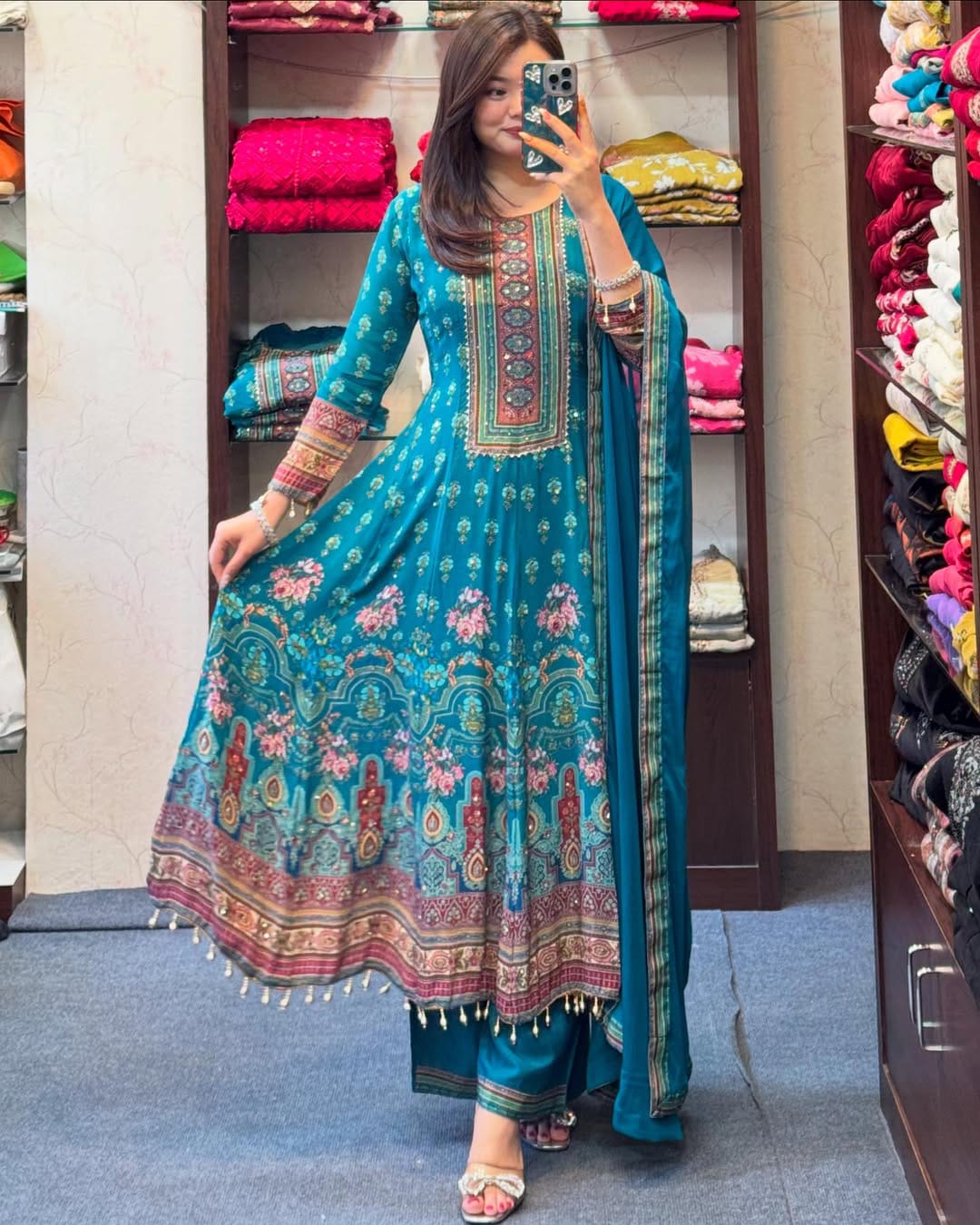 Rajasthani Pure Chinon Anarkali Set with Mirror Work – Front View