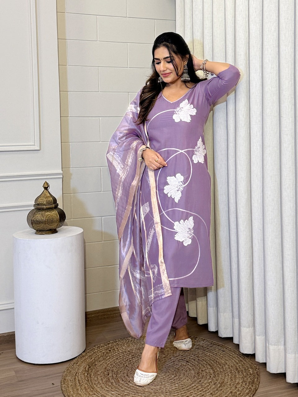 “Viscose rayon suit with sequins embroidery and organza jacquard dupatta”