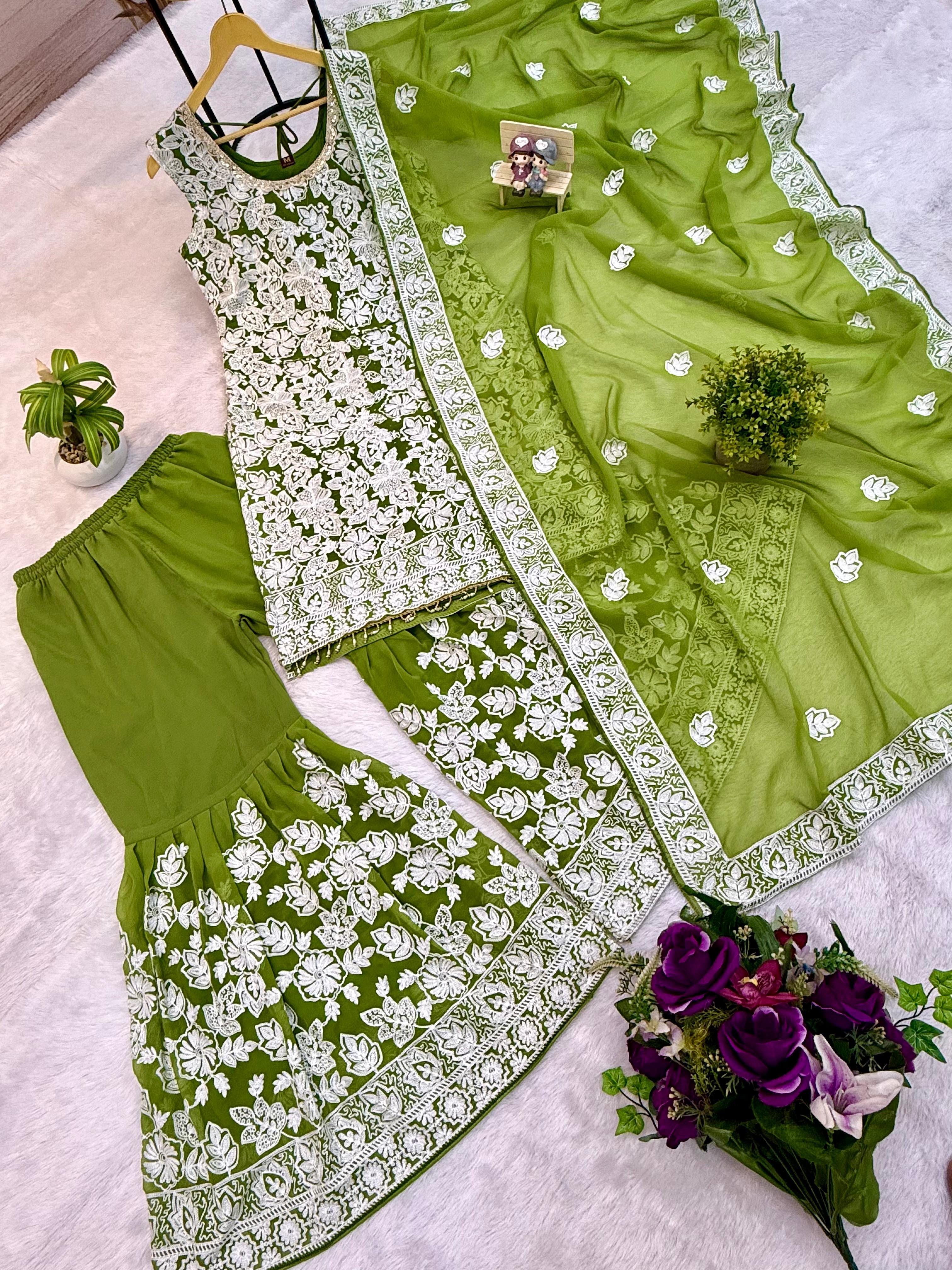 Elegant Georgette Embroidered Suit Set front view