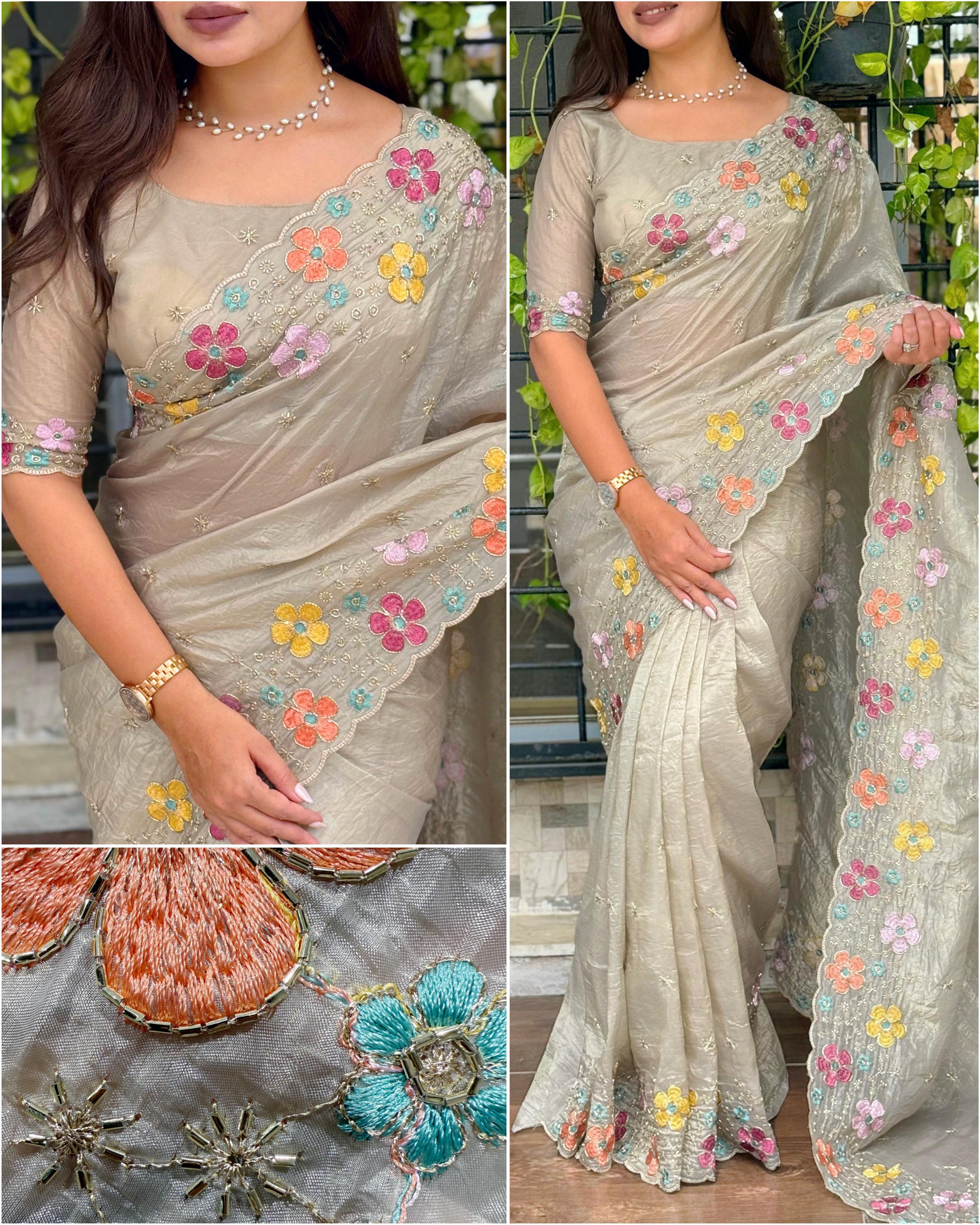 Dusty Beige Sufi Silk Crush Embroidered Saree with Net Blouse