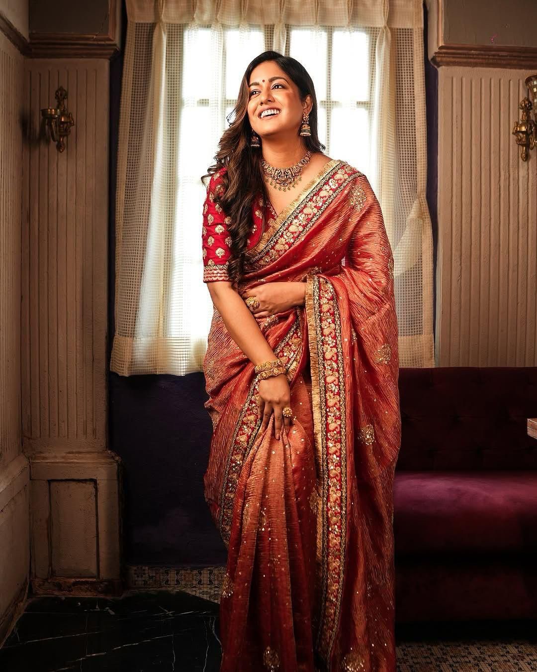 Banarasi Crush Embroidered Saree Front View