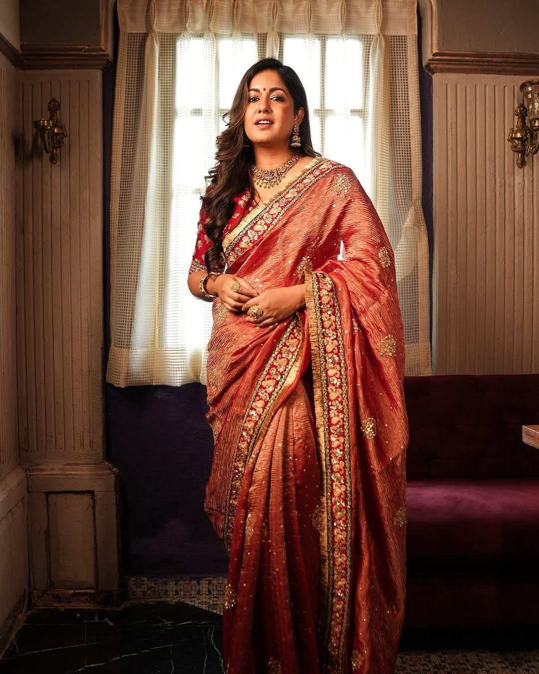 Banarasi Crush Embroidered Saree Front View