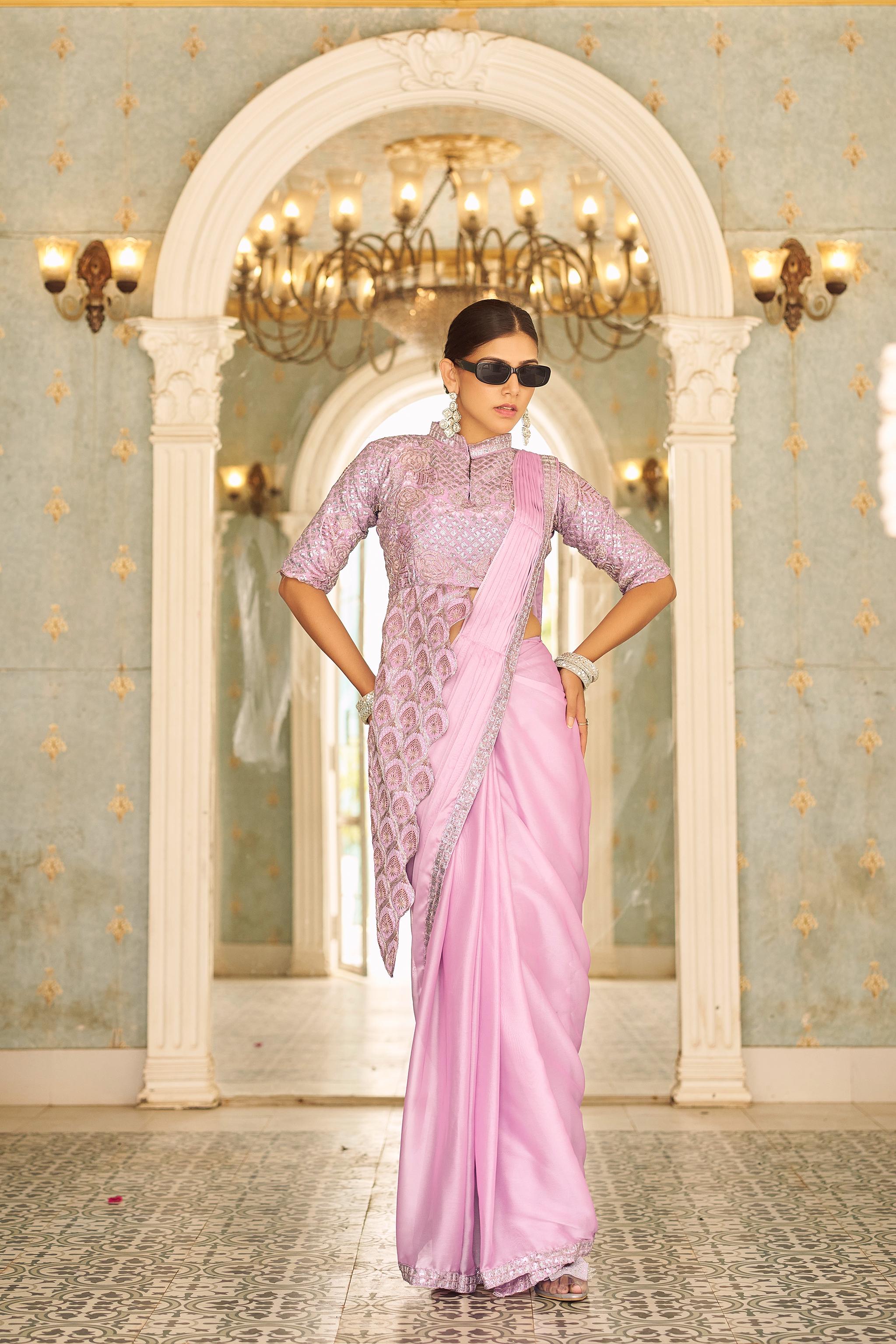 Chinon ready to wear embroidered saree with lace border
