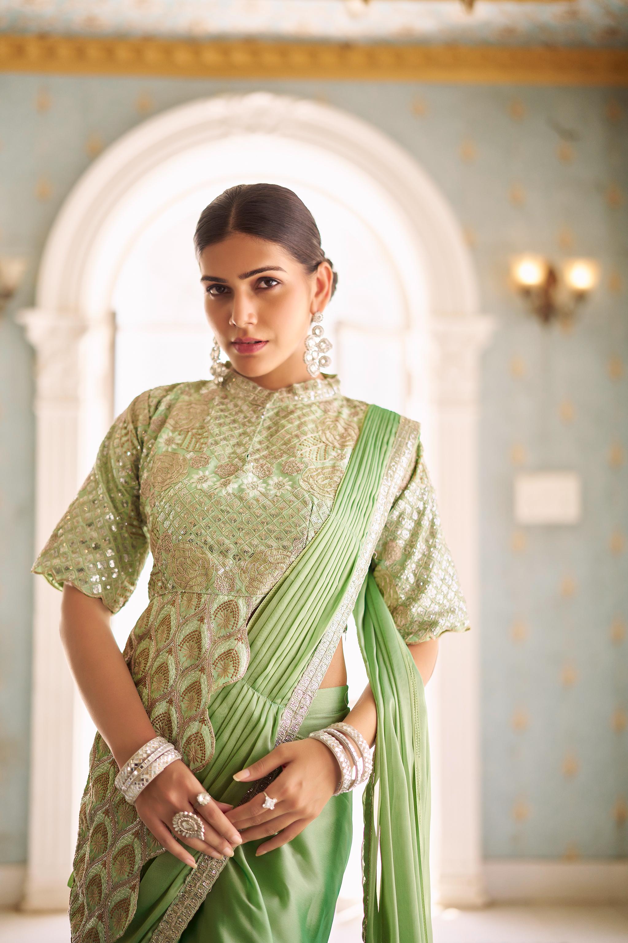 Elegant ready draped embroidered saree for festive wear