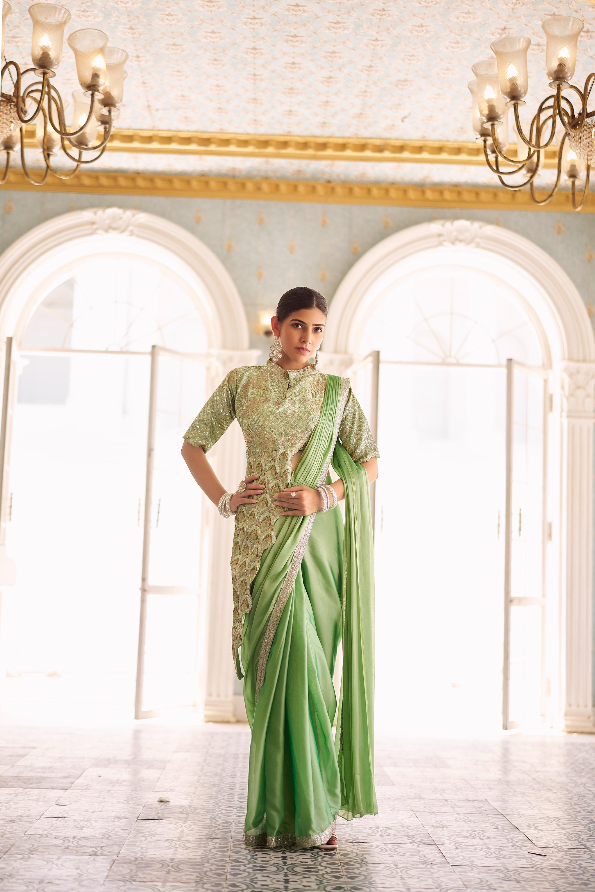 Elegant ready draped embroidered saree for festive wear
