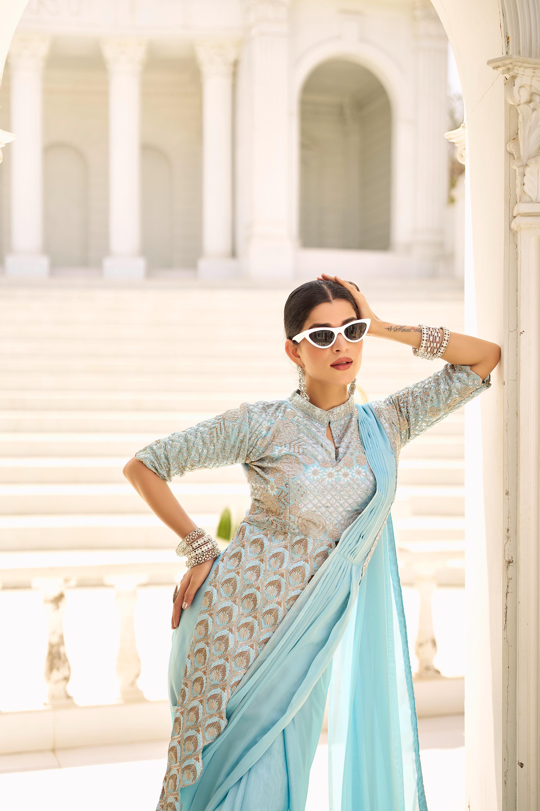 Designer pre stitched saree with Banglory blouse