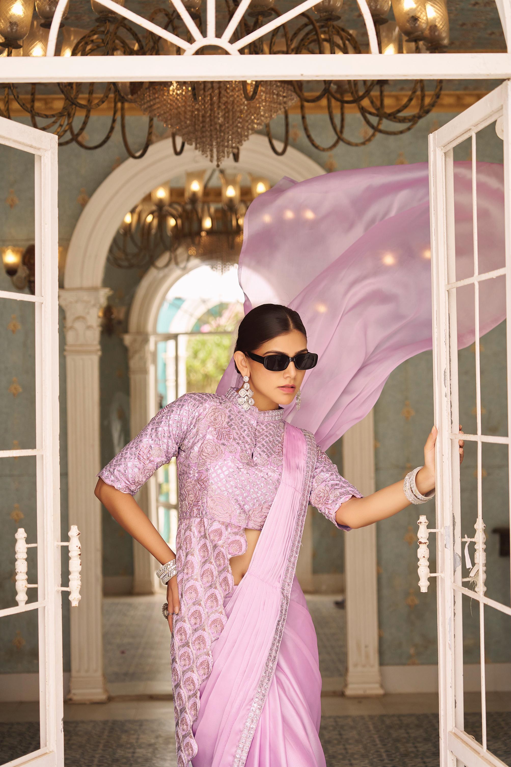Chinon ready to wear embroidered saree with lace border