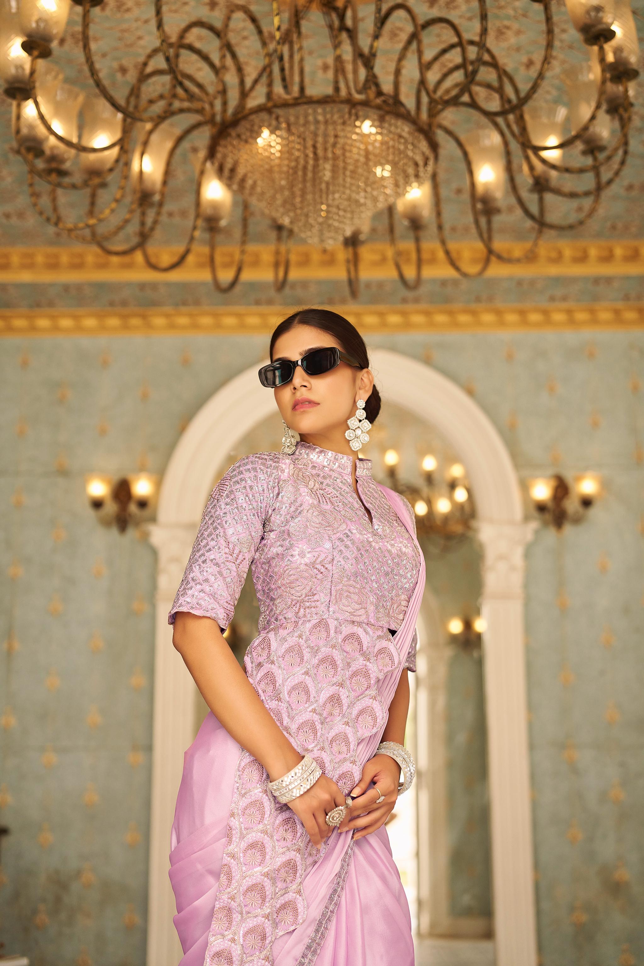 Chinon ready to wear embroidered saree with lace border