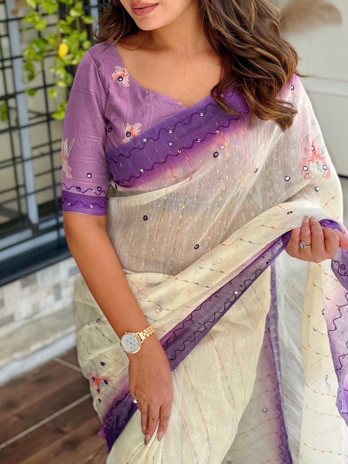 Gadhwal Linen Cotton Saree with Hand Katha Thread Work
