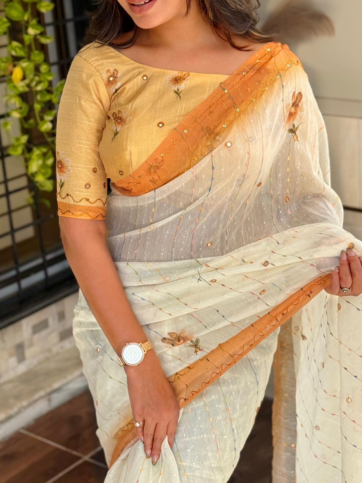 Gadhwal Linen Cotton Saree with Hand Katha Thread Work
