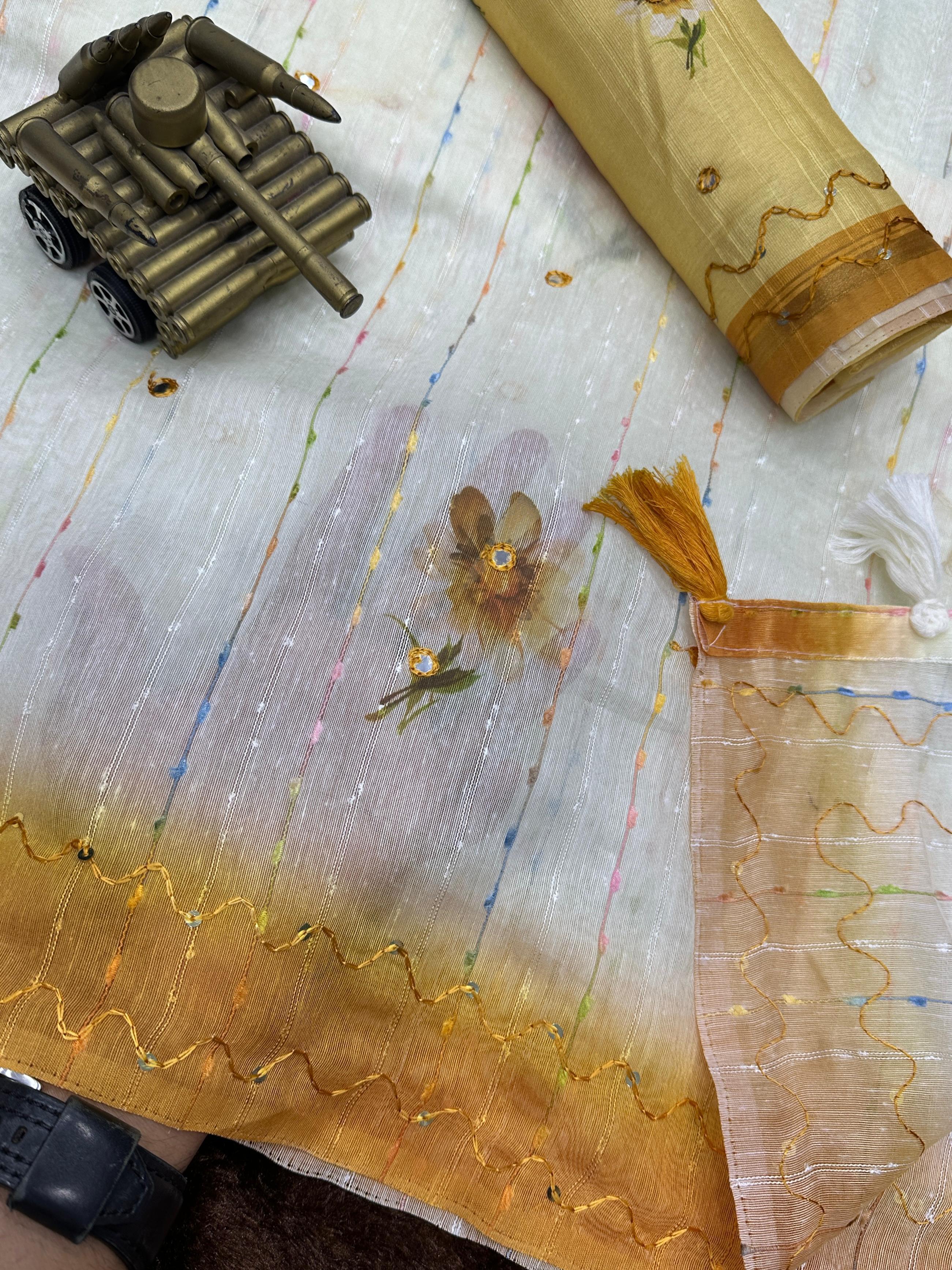 Gadhwal Linen Cotton Saree with Hand Katha Thread Work