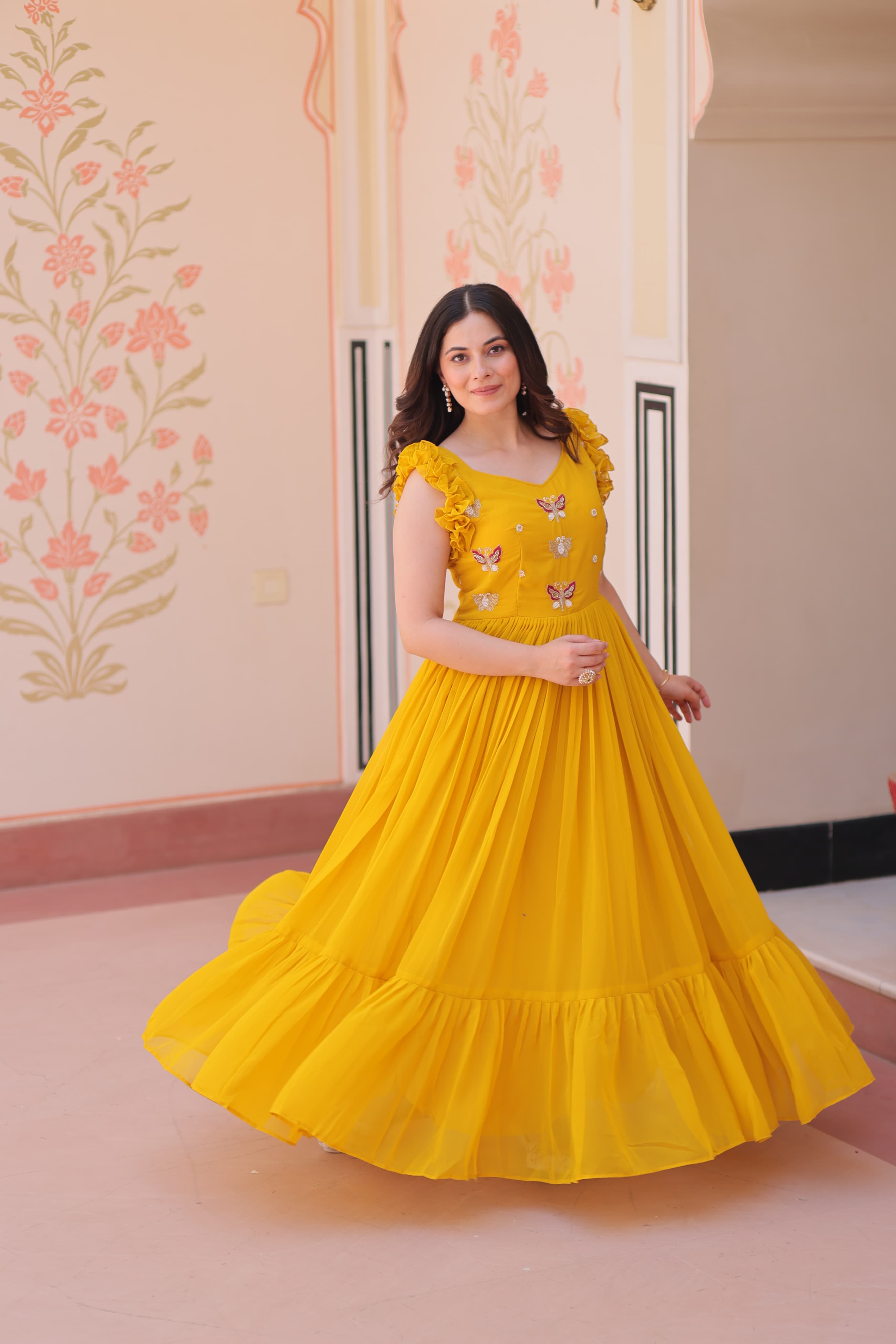 Faux Blooming Embroidered Gown with Sequins Work