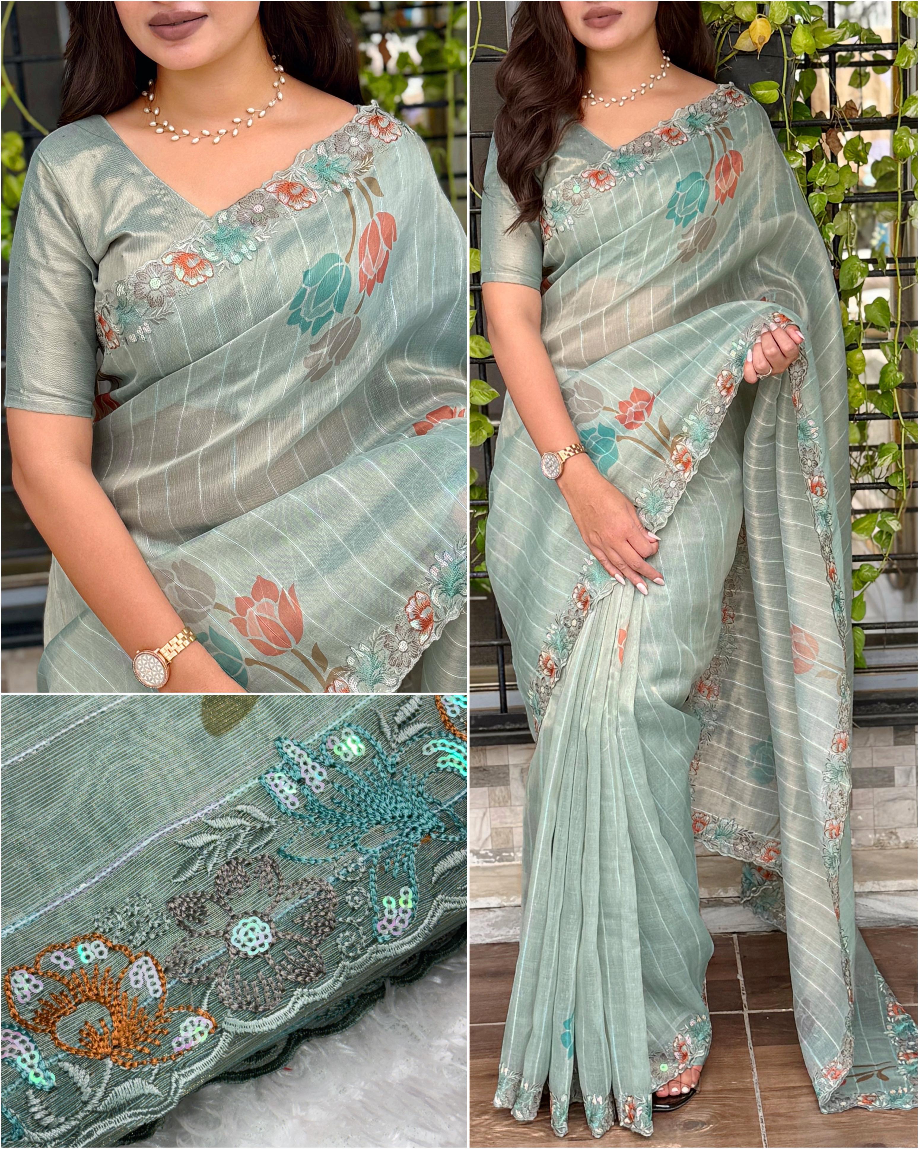 Glass Tissue Saree with Rainbow Thread Weaving