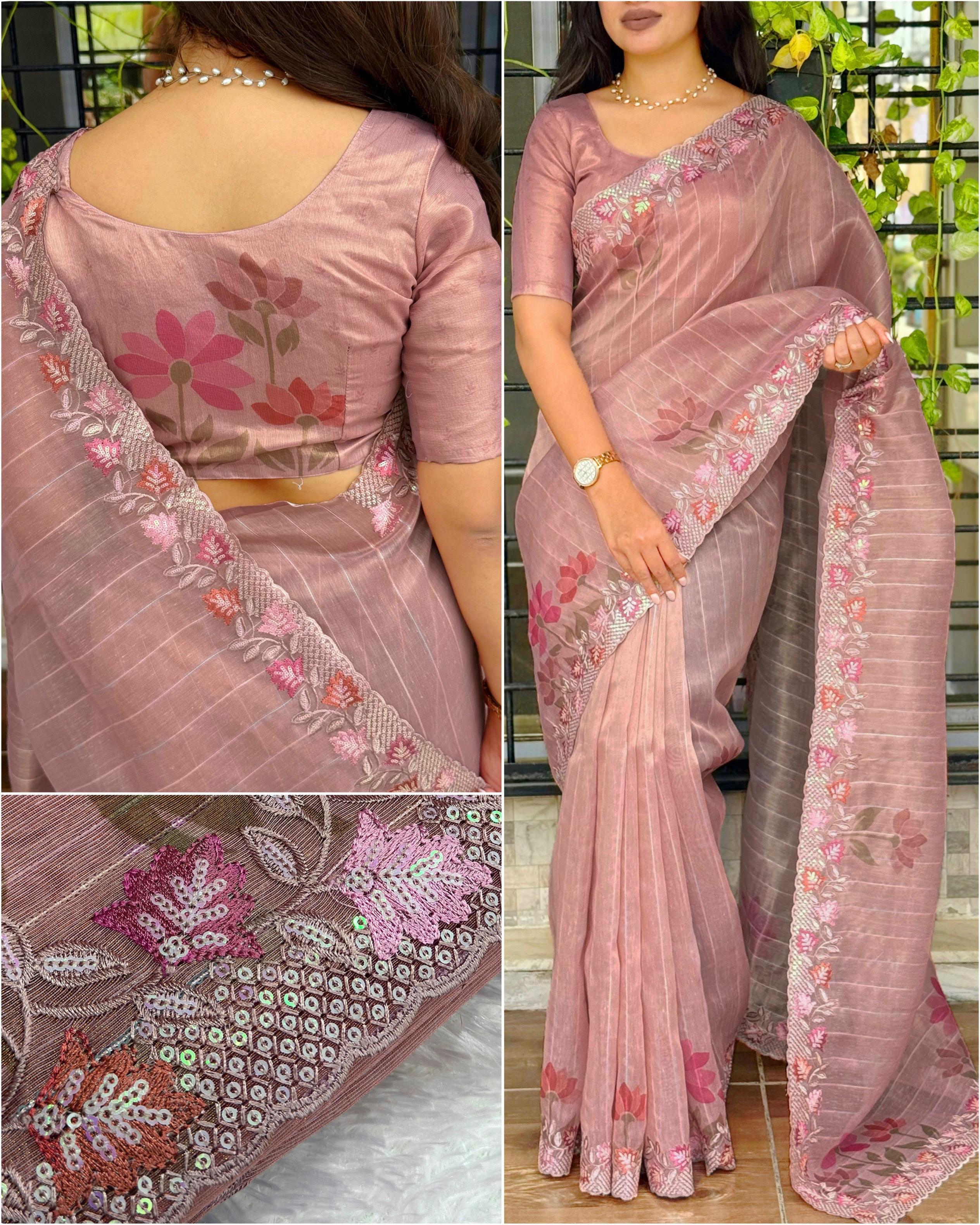 Elegant Organza Saree with Thread Embroidery and Sequins