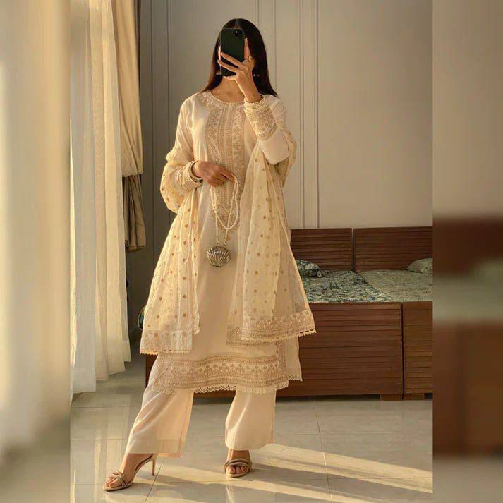 Roman Silk Embroidered Suit Set with Butterfly Net Dupatta