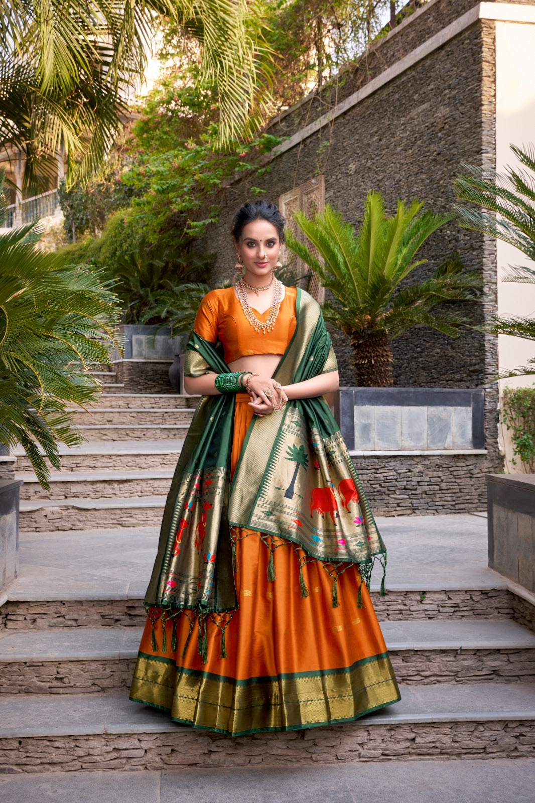 Paithani jacquard silk lehenga choli with zari weaving and tassel dupatta