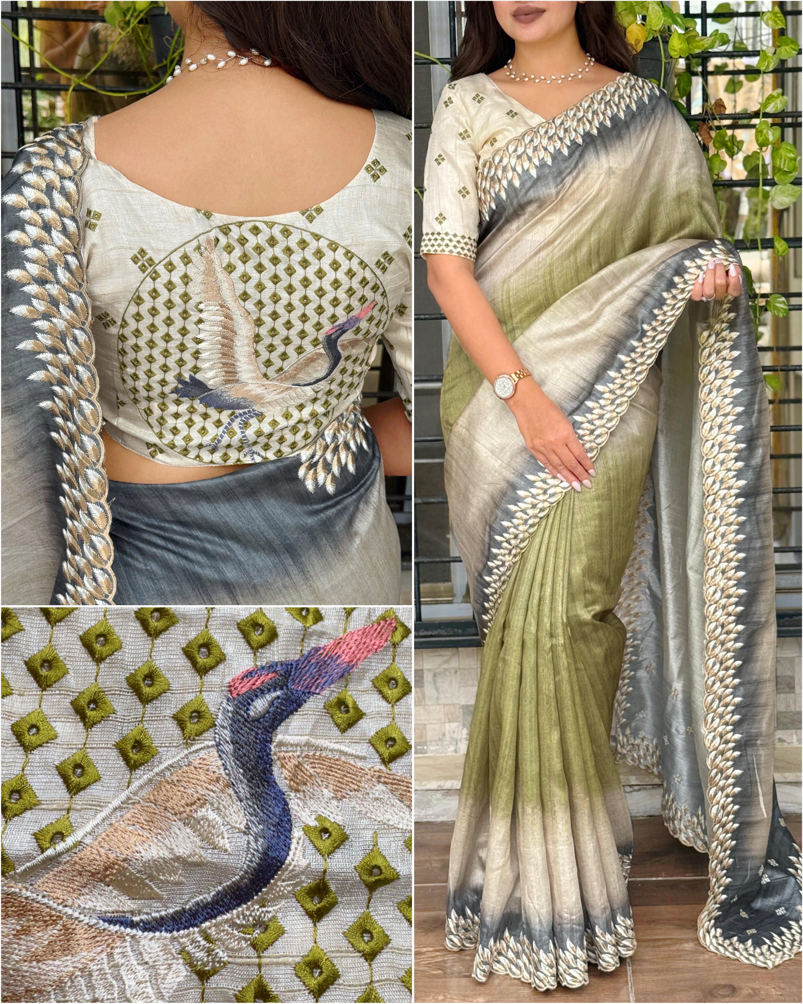 Kashmiri Embroidered Tusser Silk Saree with Digital Print