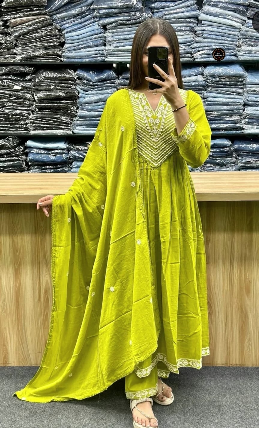 Pure Cotton Embroidered Anarkali Set with Mulmul Dupatta