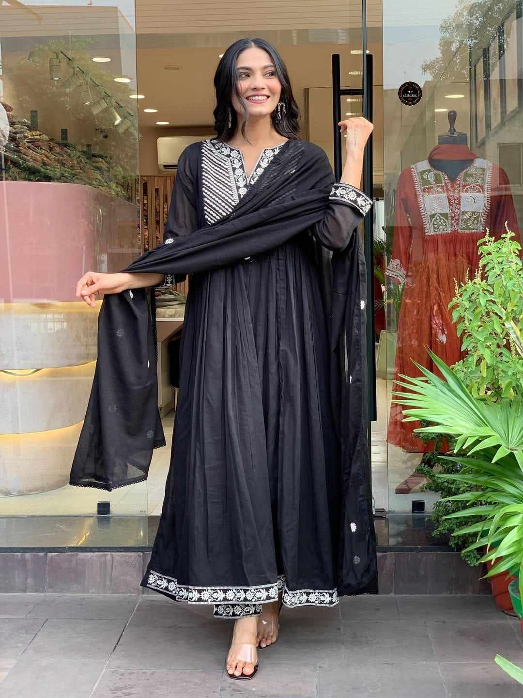 Pure Cotton Embroidered Anarkali Set with Mulmul Dupatta