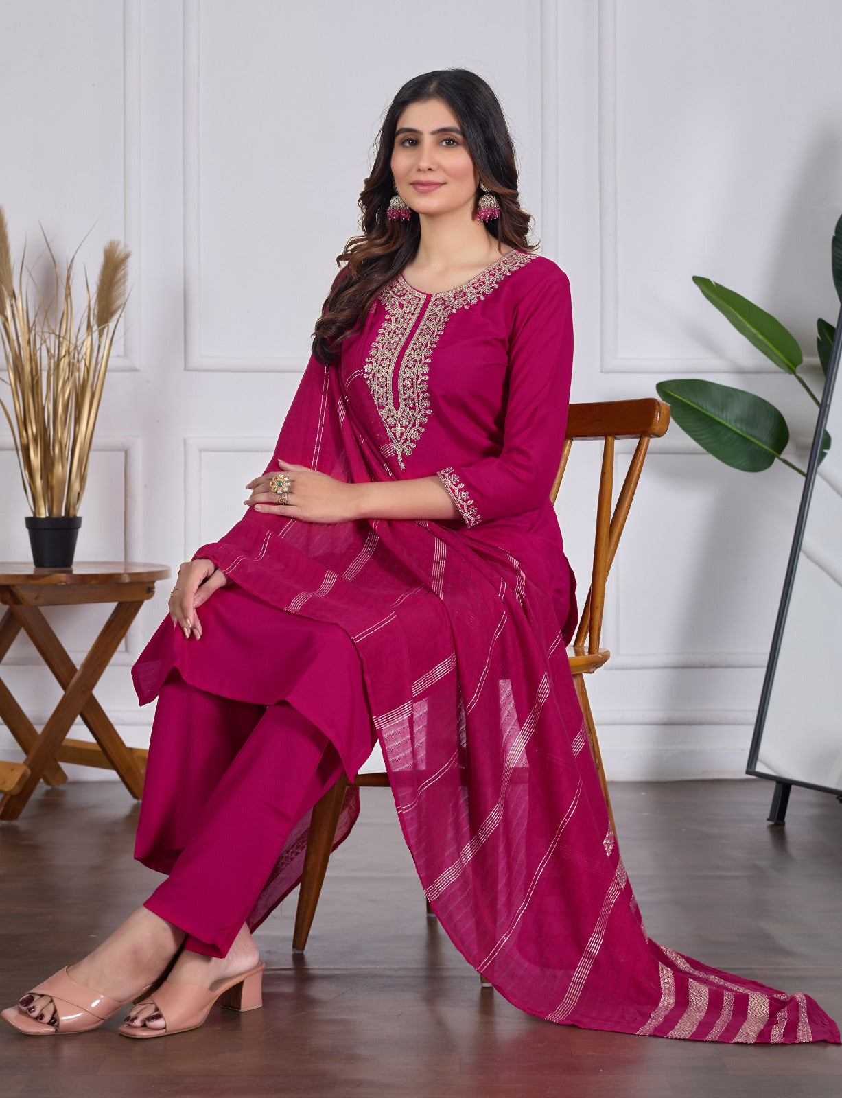 Heavy Reyon Slub Embroidered Suit Set for Women