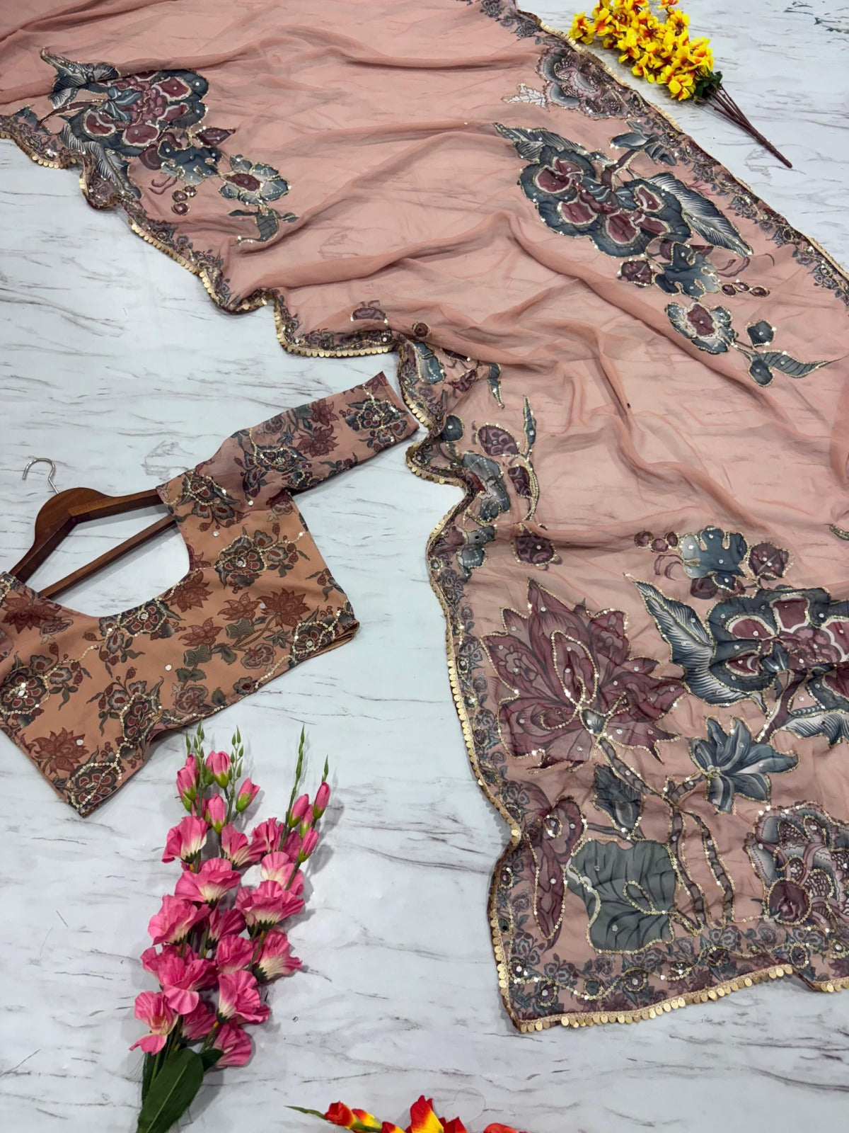 Premium Georgette Saree with Hand Mirror and Sequins Work