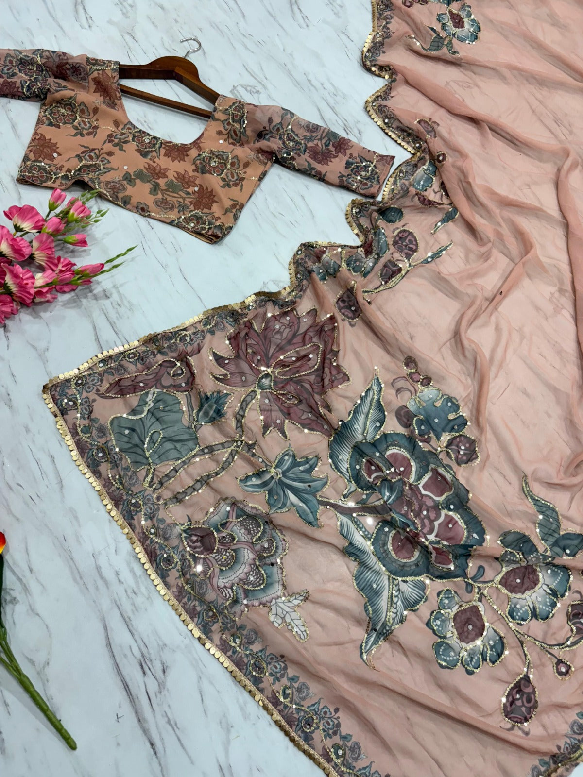 Premium Georgette Saree with Hand Mirror and Sequins Work