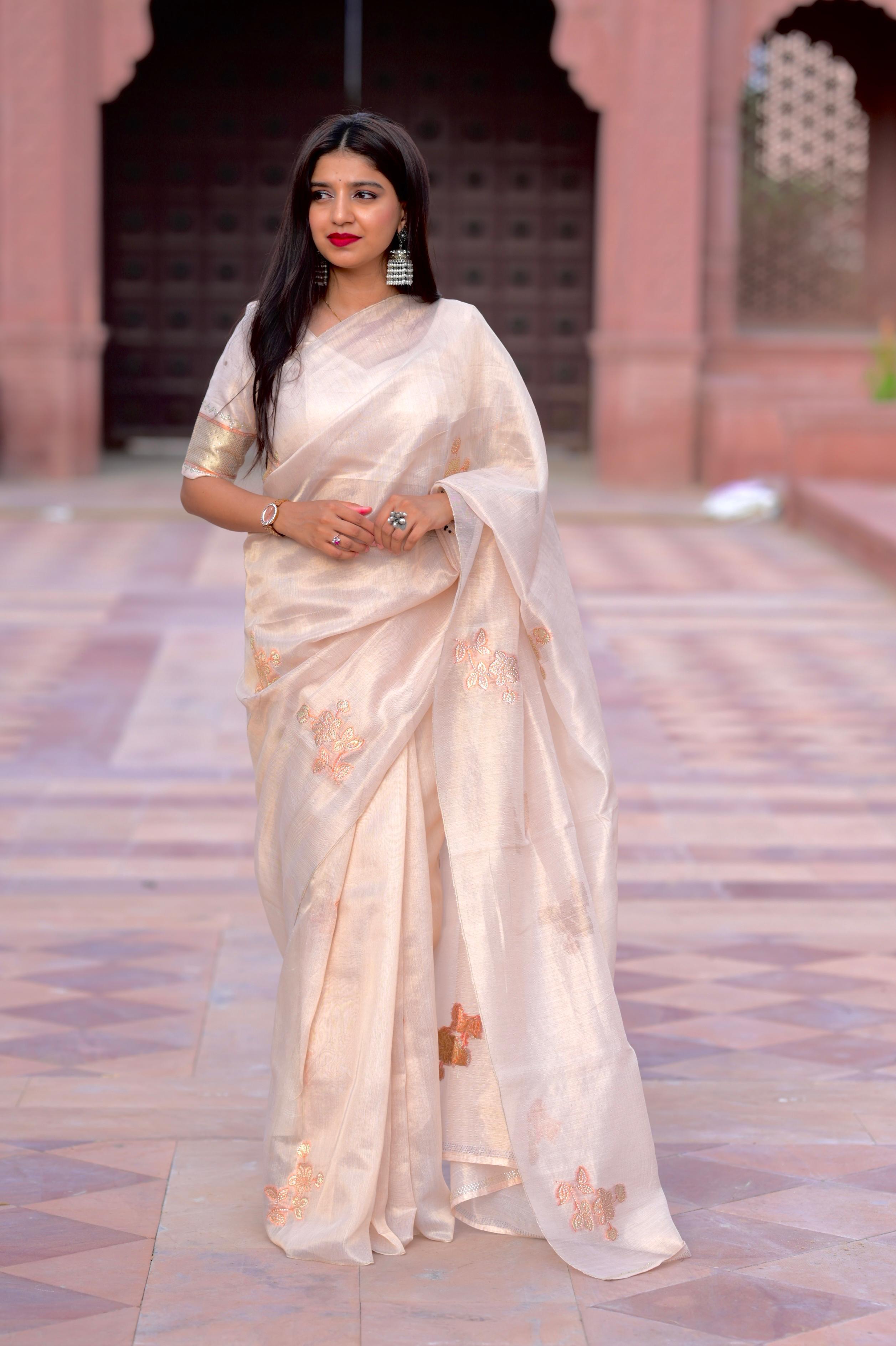 Pastel Taspa Organza Silk Saree with Swarovski and Jacquard Embroidery Work
