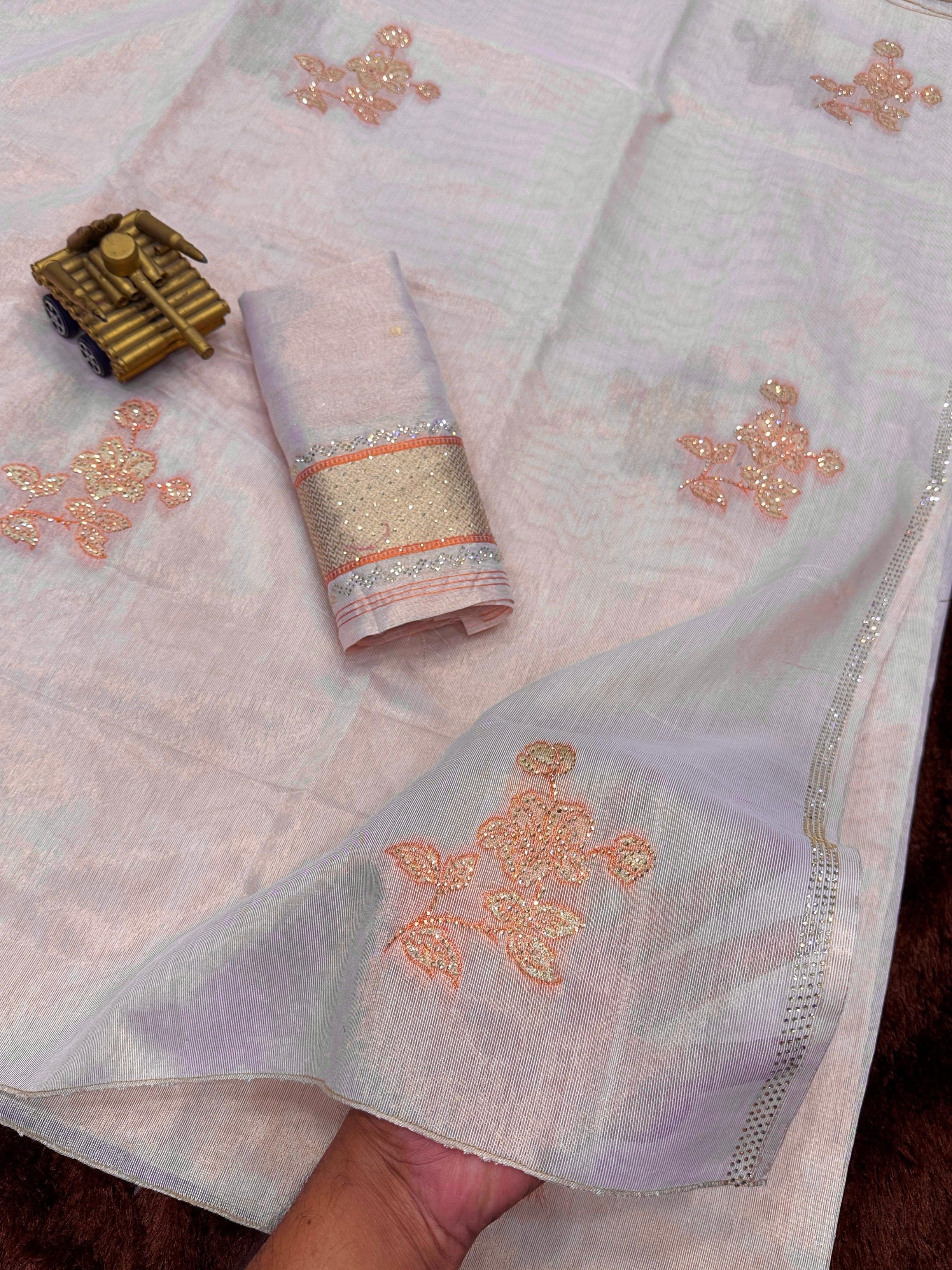 Pastel Taspa Organza Silk Saree with Swarovski and Jacquard Embroidery Work