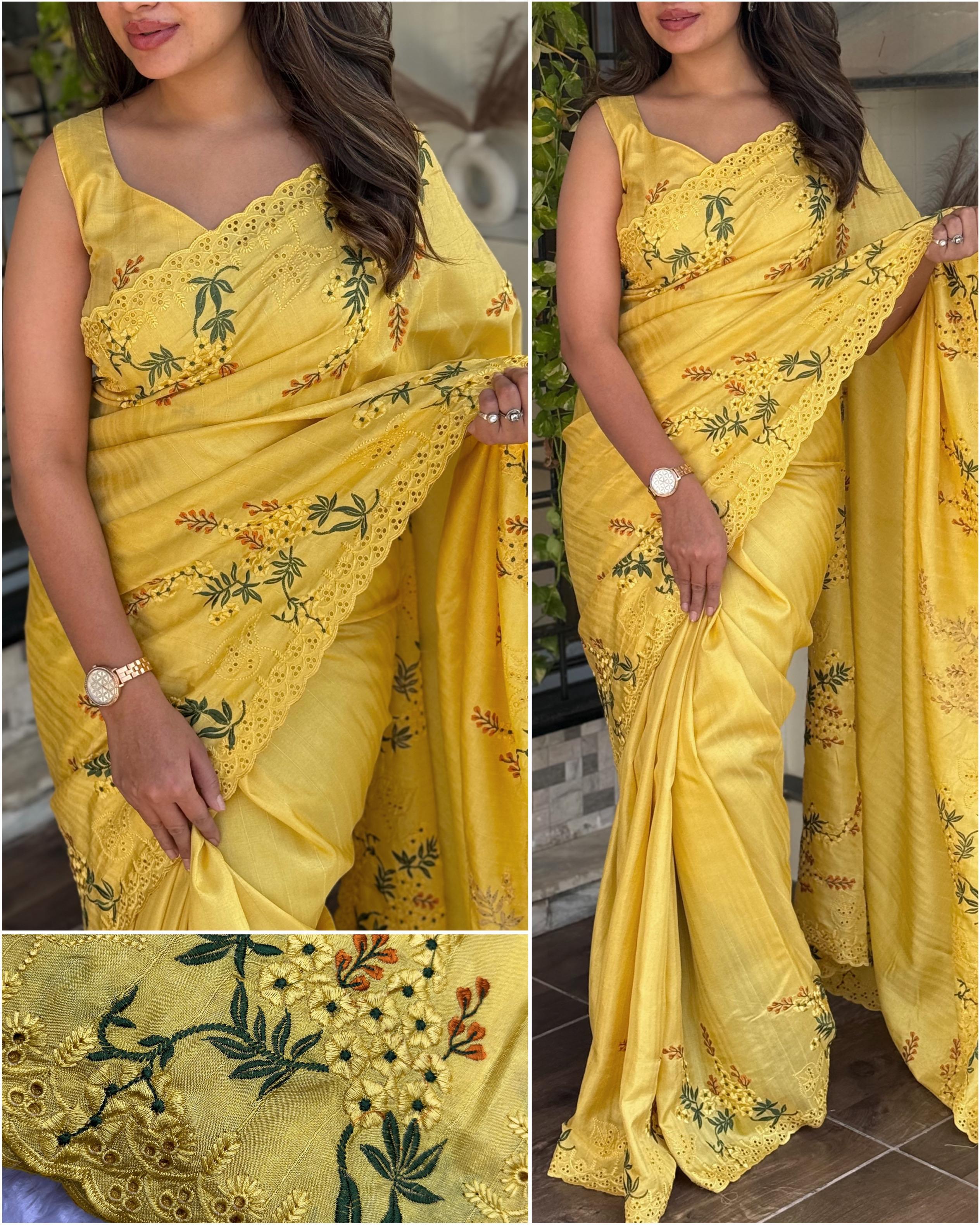 Tusser Cotton Embroidered Saree with Cutwork Border