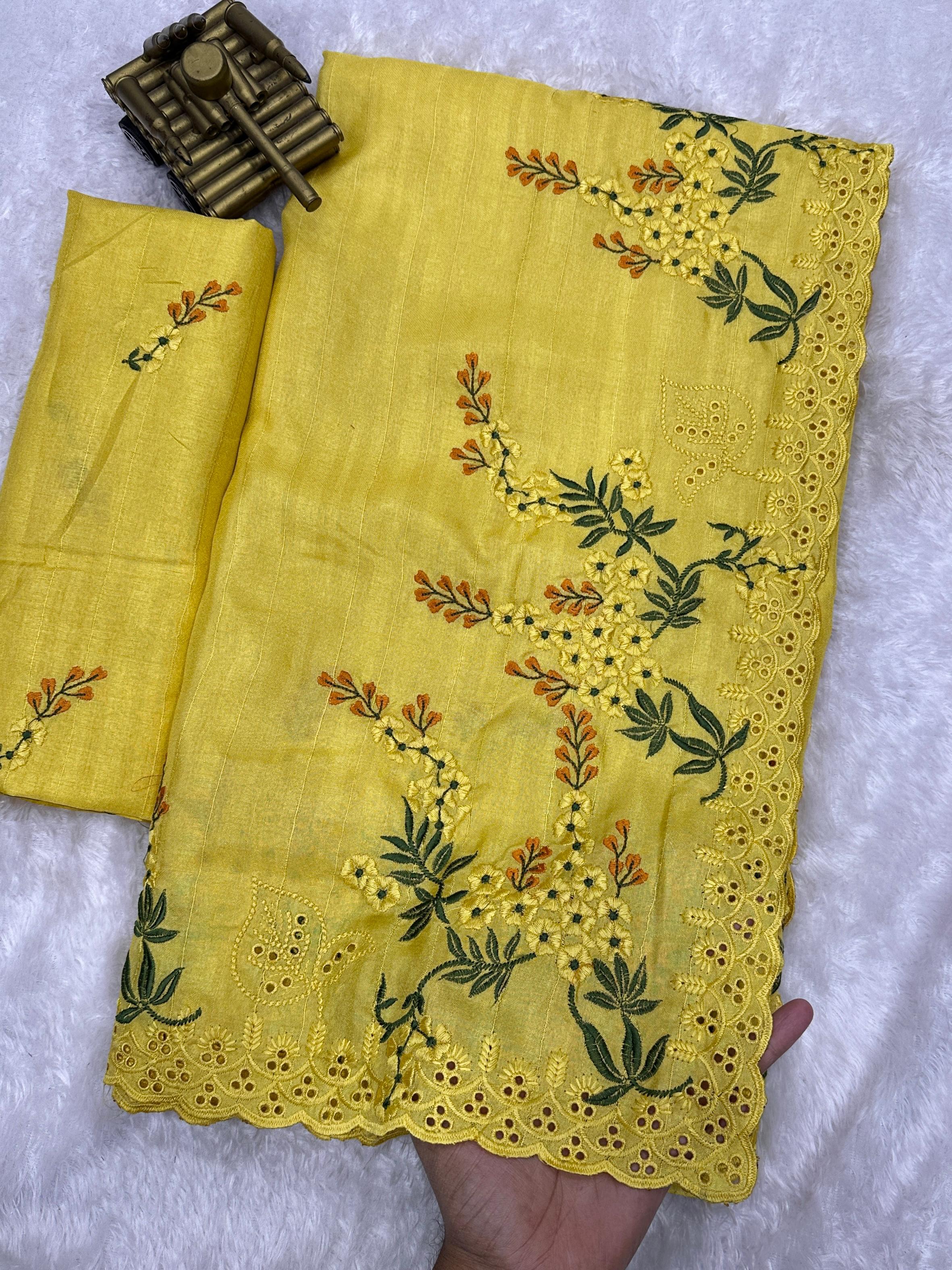 Tusser Cotton Embroidered Saree with Cutwork Border