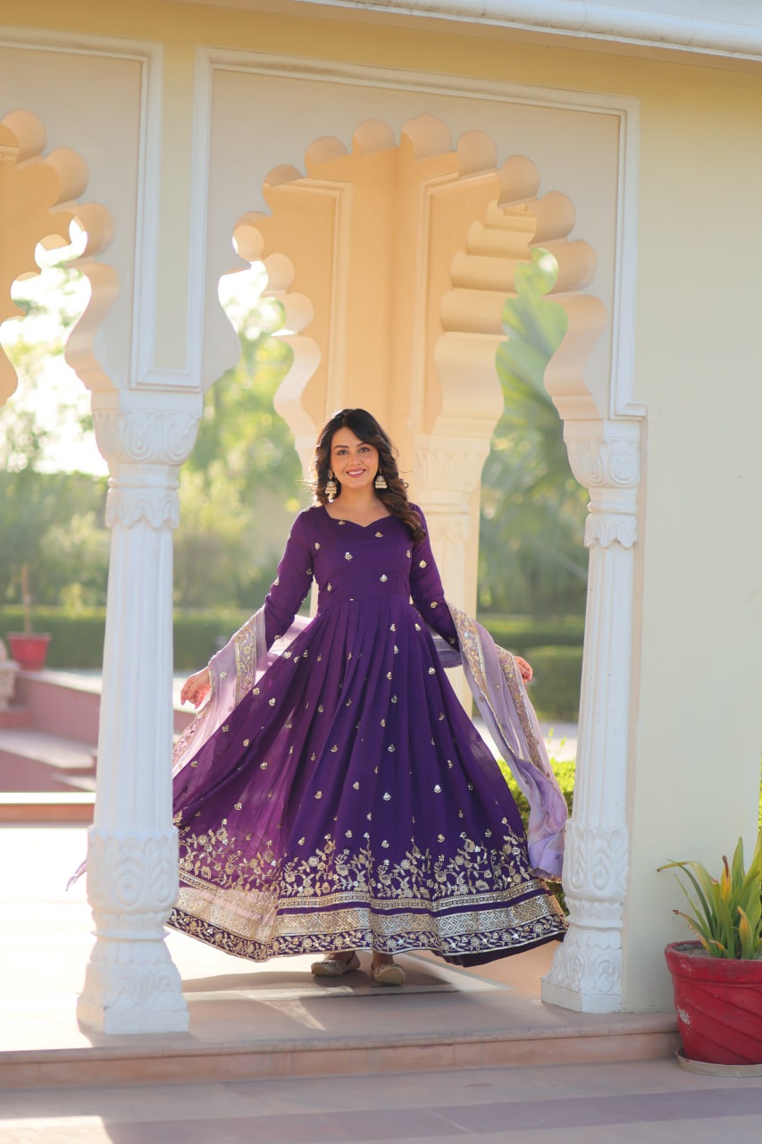 Star Georgette Embroidered Gown Front View