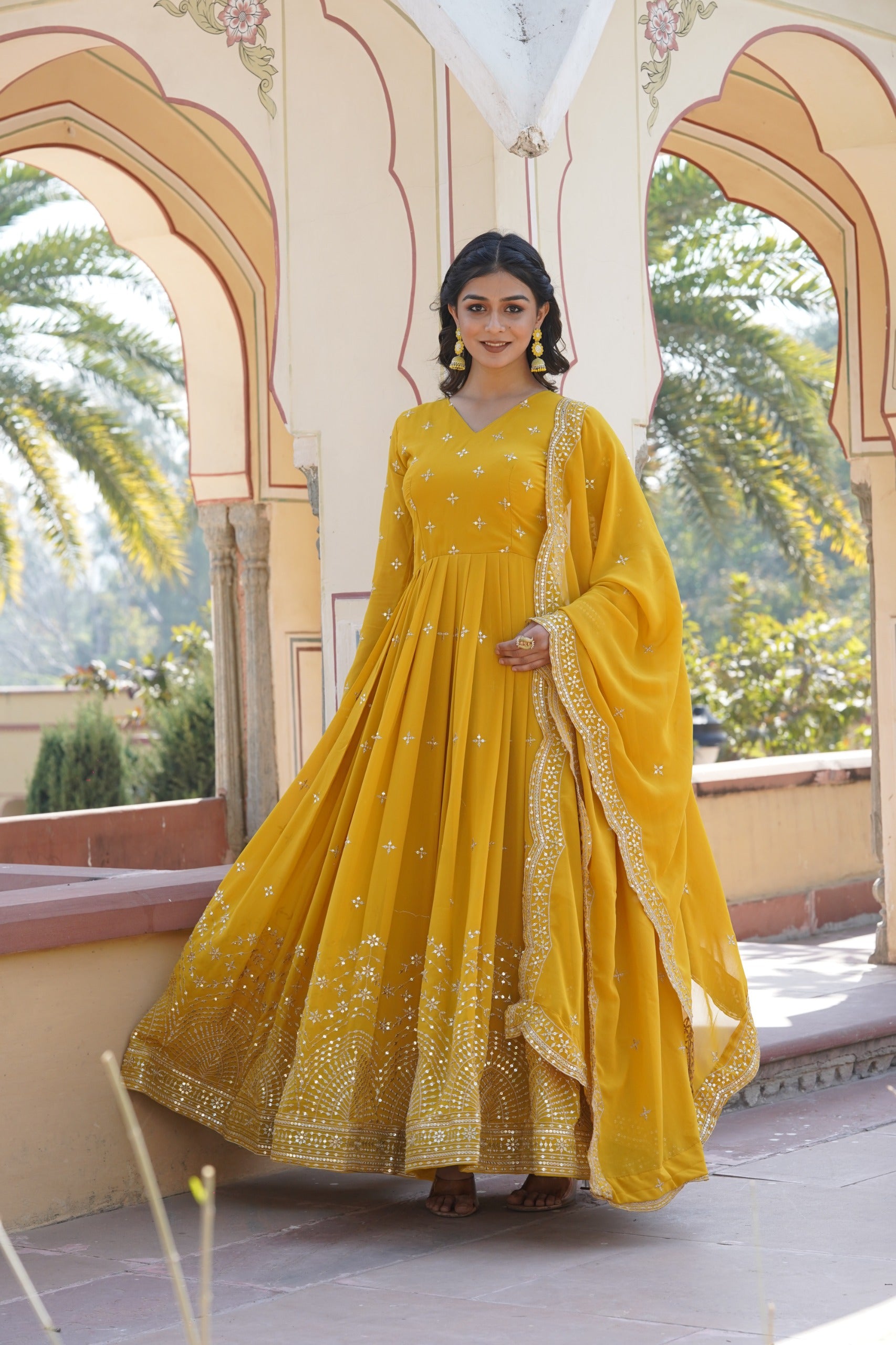 Faux Georgette Embroidered Gown Front View