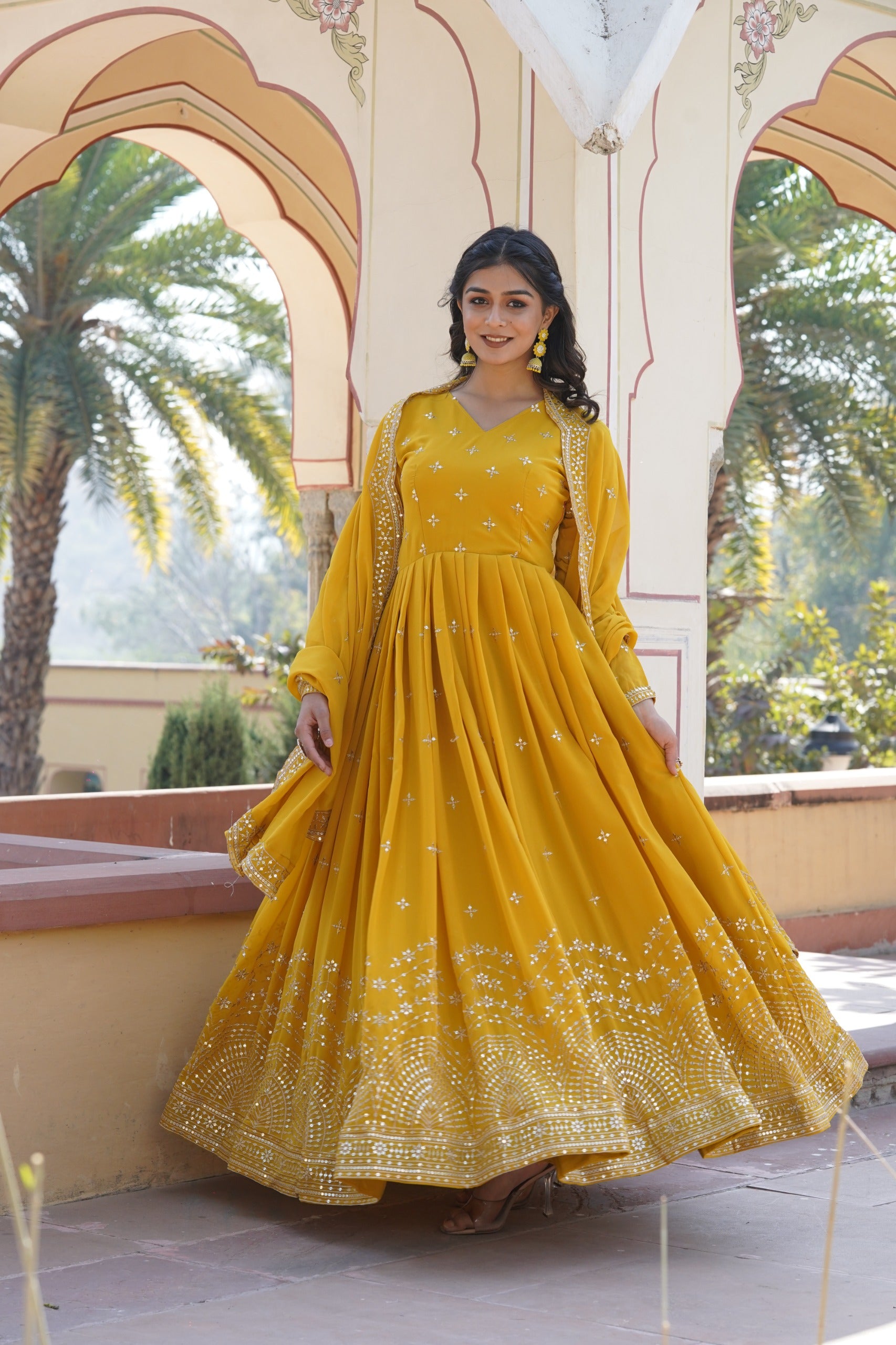 Faux Georgette Embroidered Gown Front View