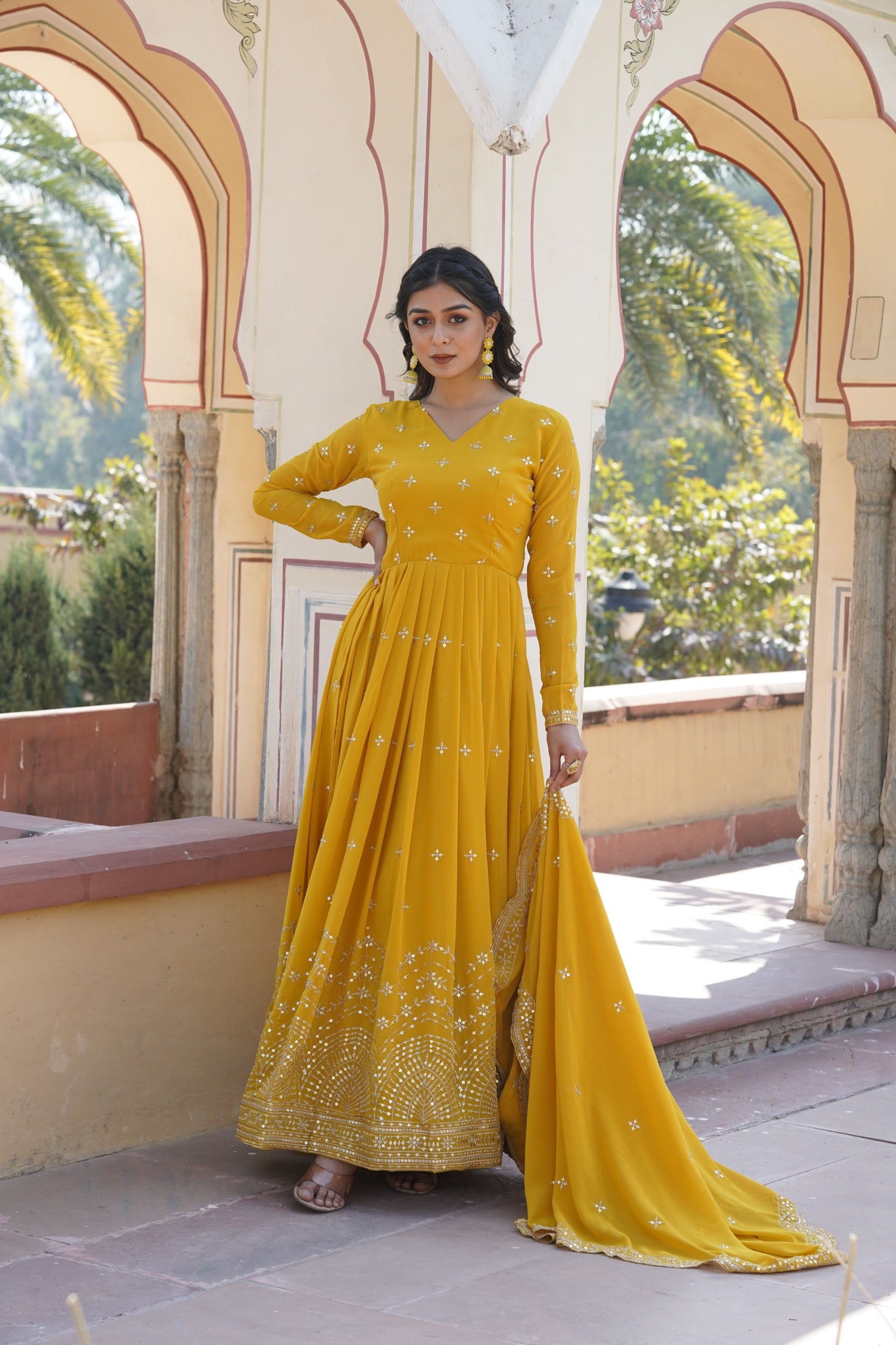 Faux Georgette Embroidered Gown Front View