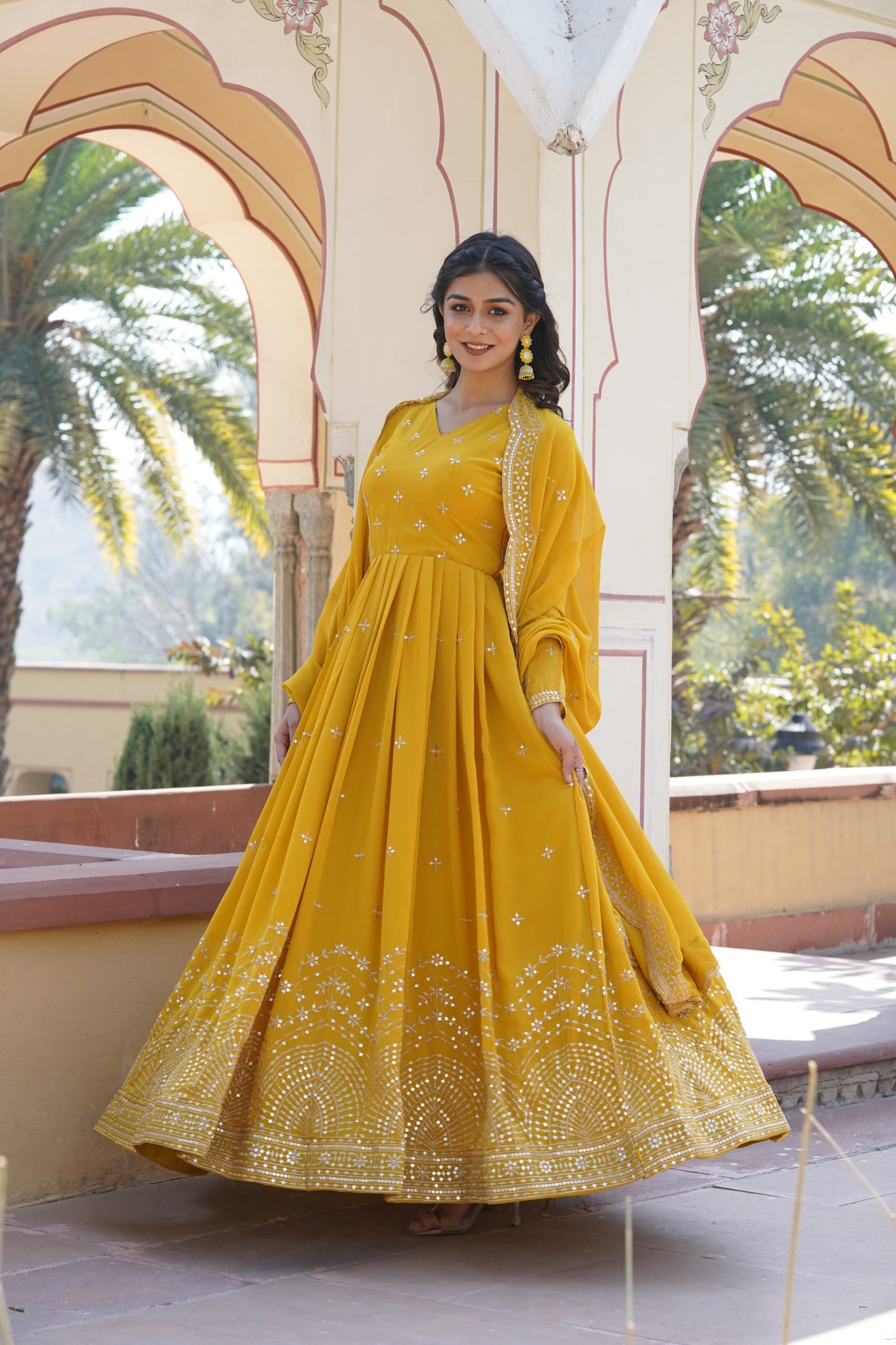 Faux Georgette Embroidered Gown Front View