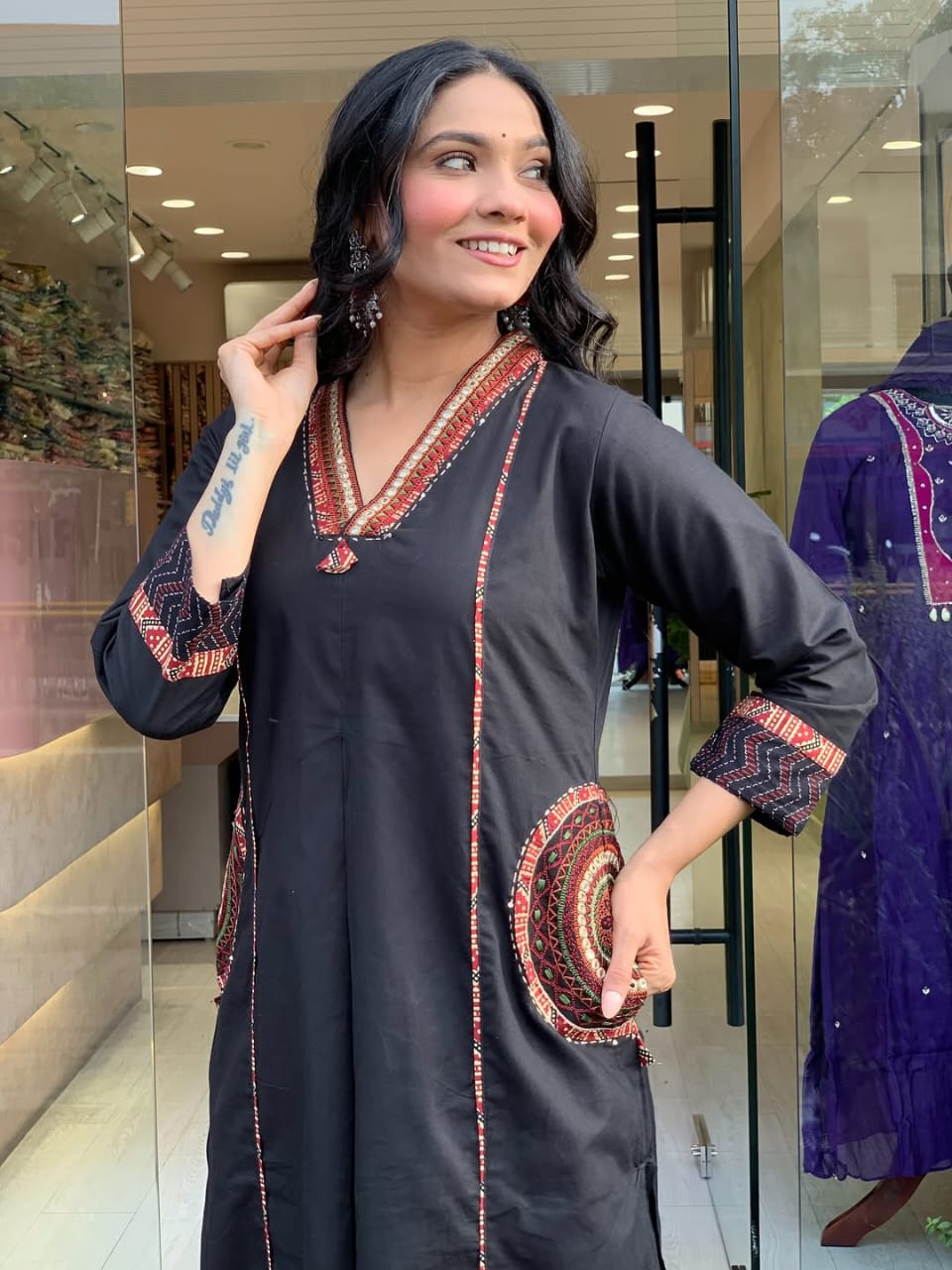 Embroidered Silk Kurti with Pocket Work and Neck Design