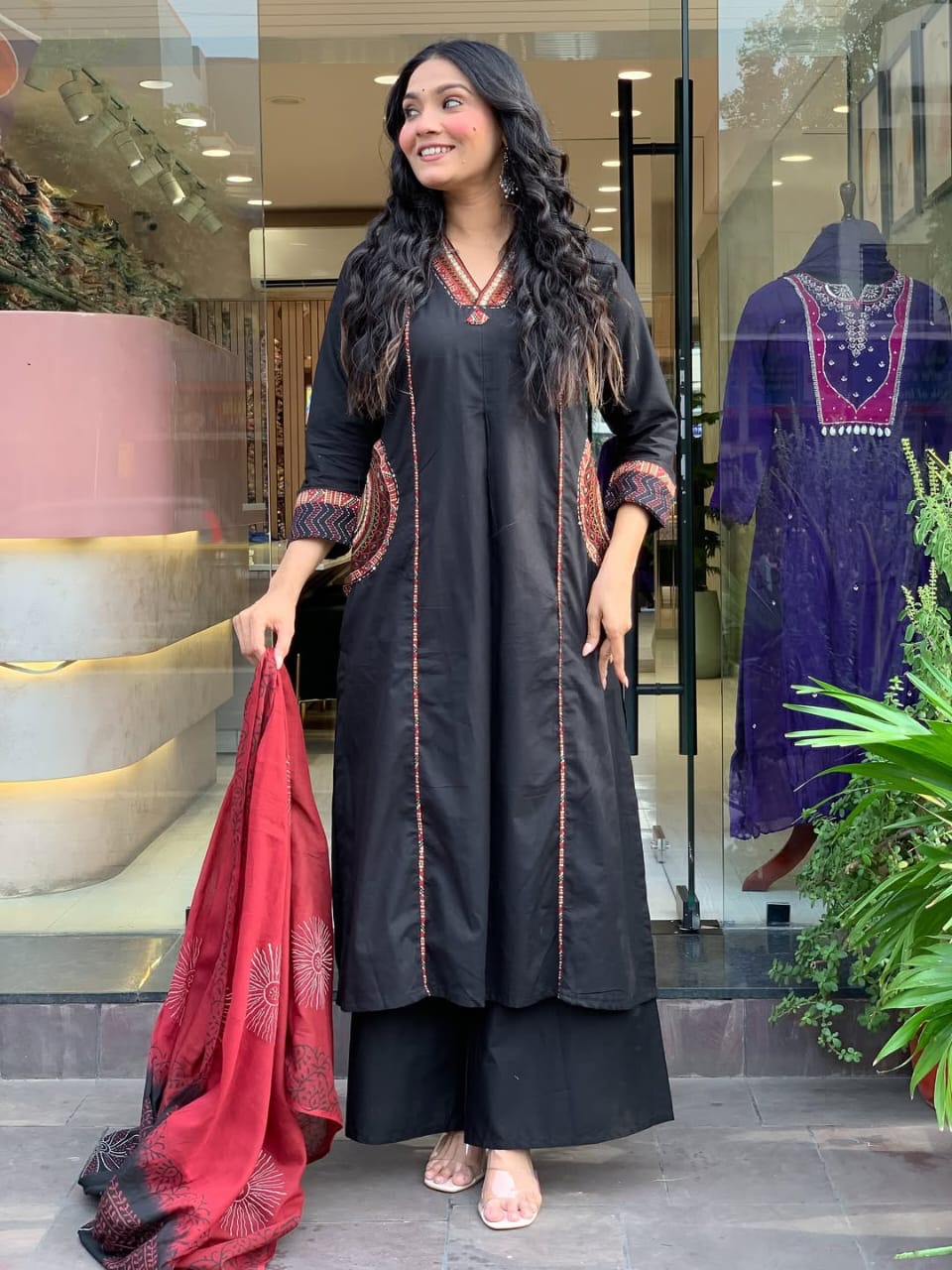 Embroidered Silk Kurti with Pocket Work and Neck Design