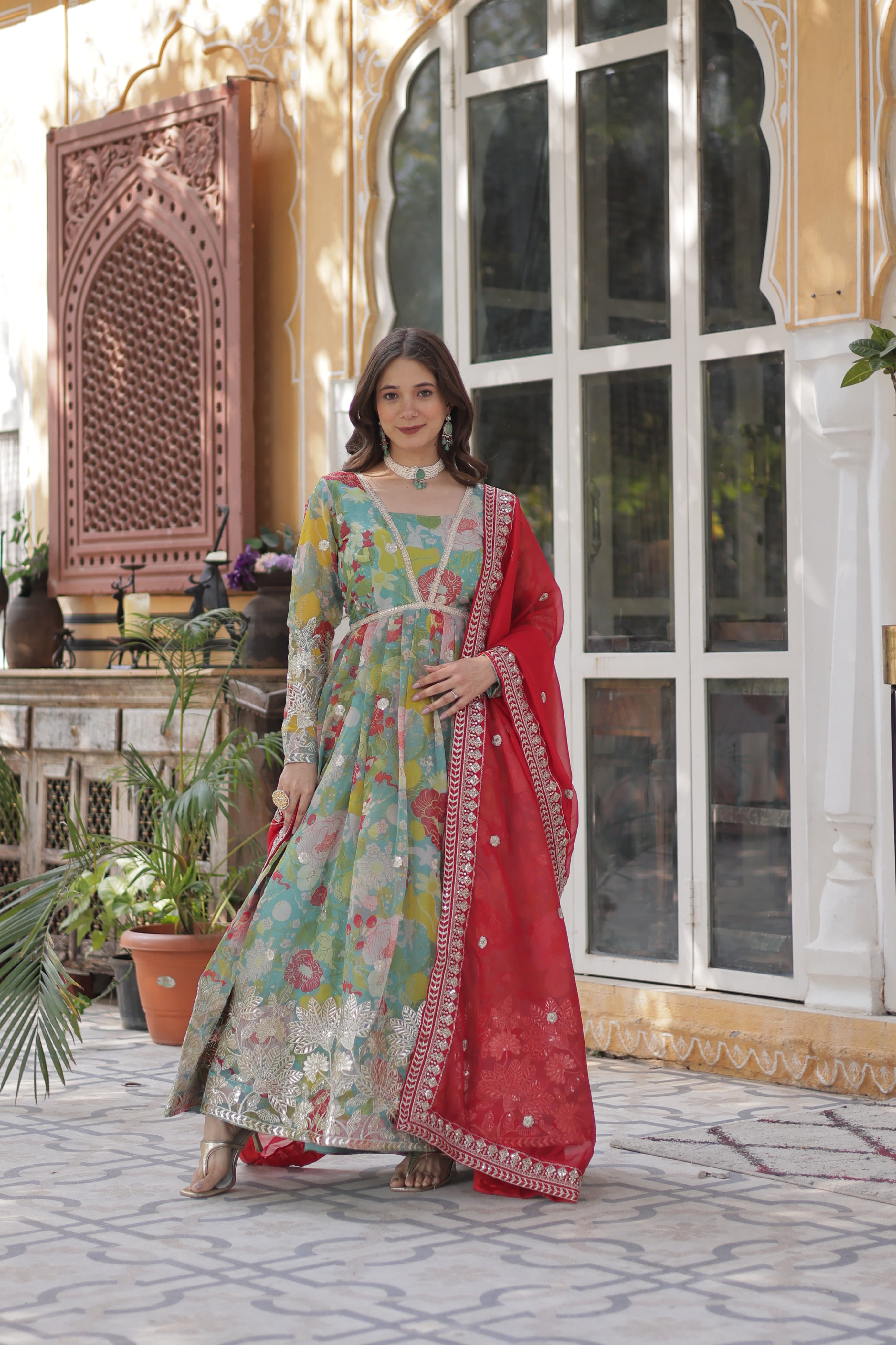 Digital Printed Russian Silk Gown with Foil and Sequins Work – Front View